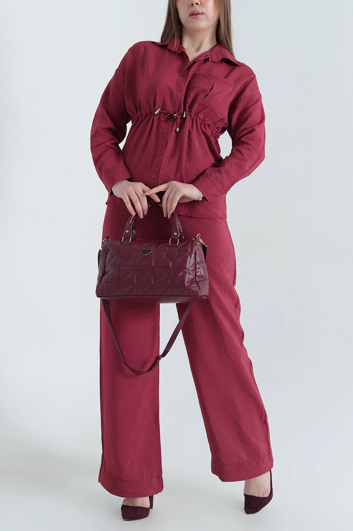 Bordo Modal Belden Sıkmalı Bayan İkili Takım 338380