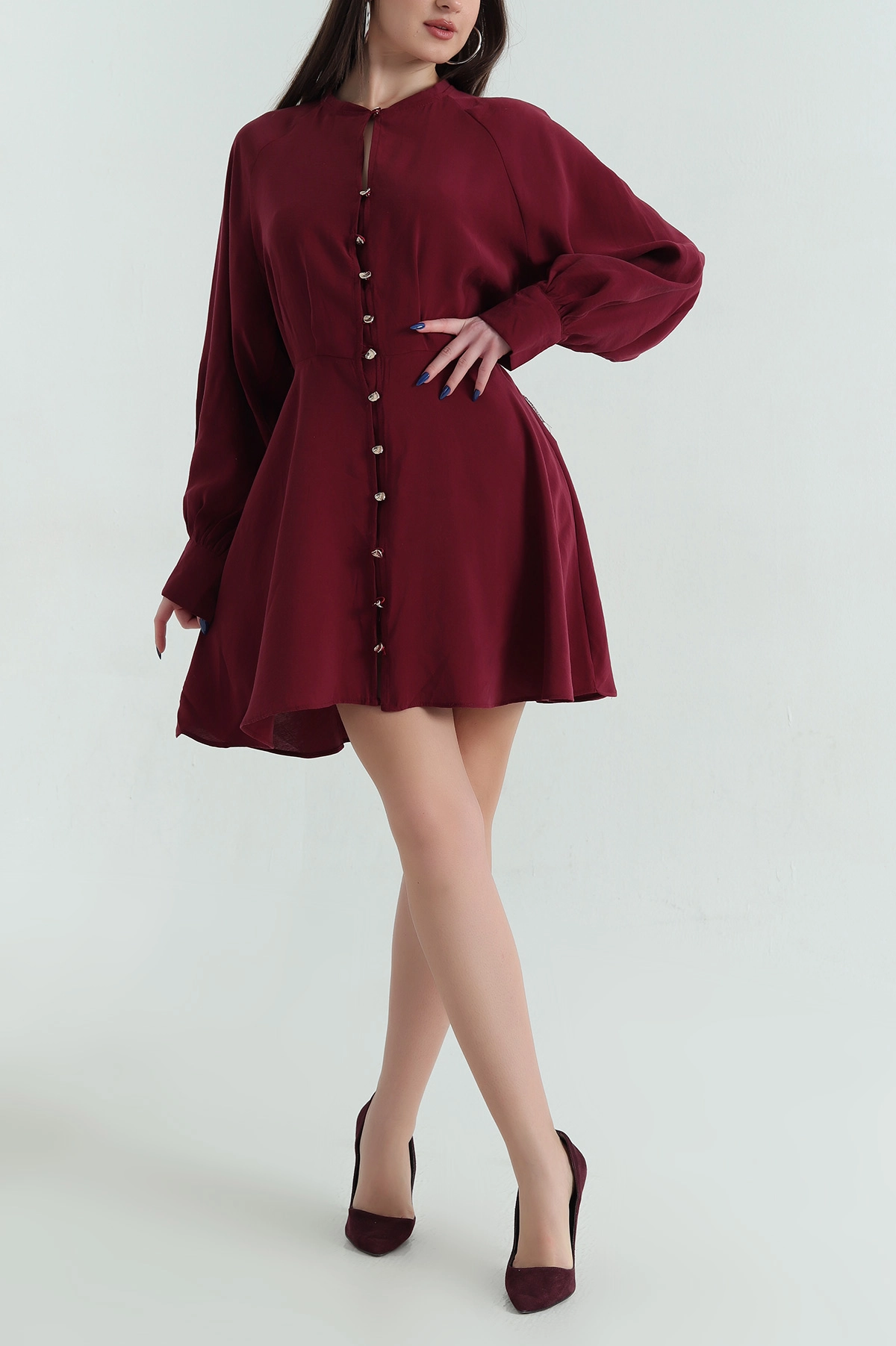 Bordo Modal Boydan Düğmeli Elbise 336922