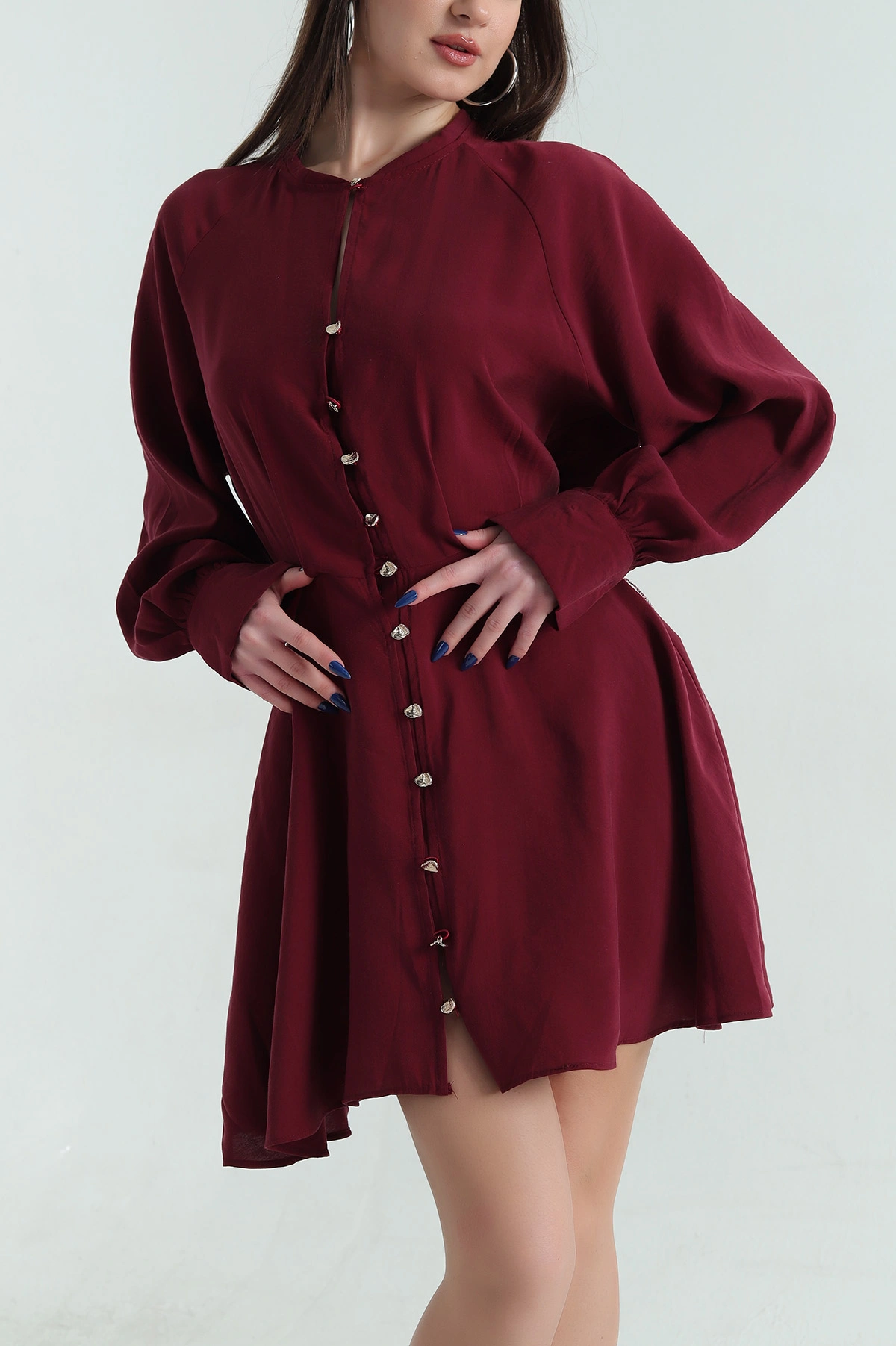 Bordo Modal Boydan Düğmeli Elbise 336922