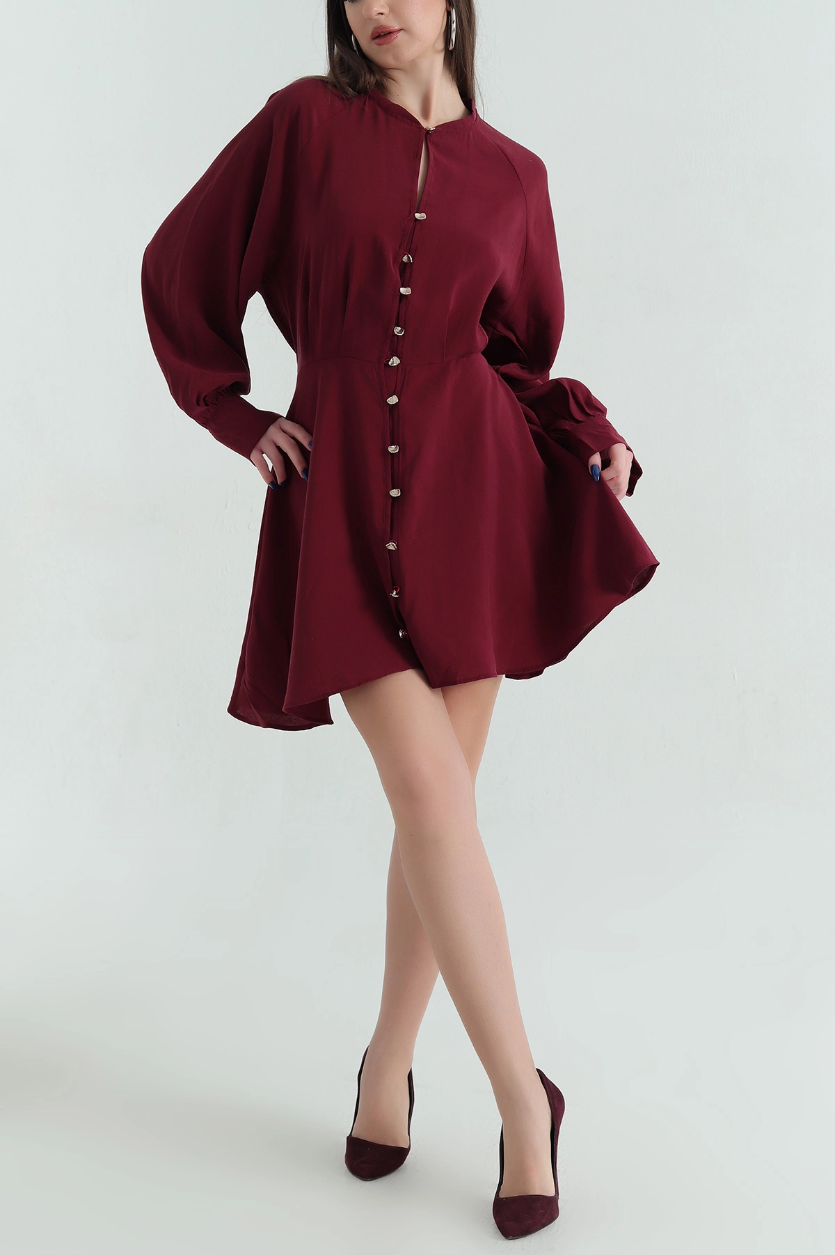 Bordo Modal Boydan Düğmeli Elbise 336922