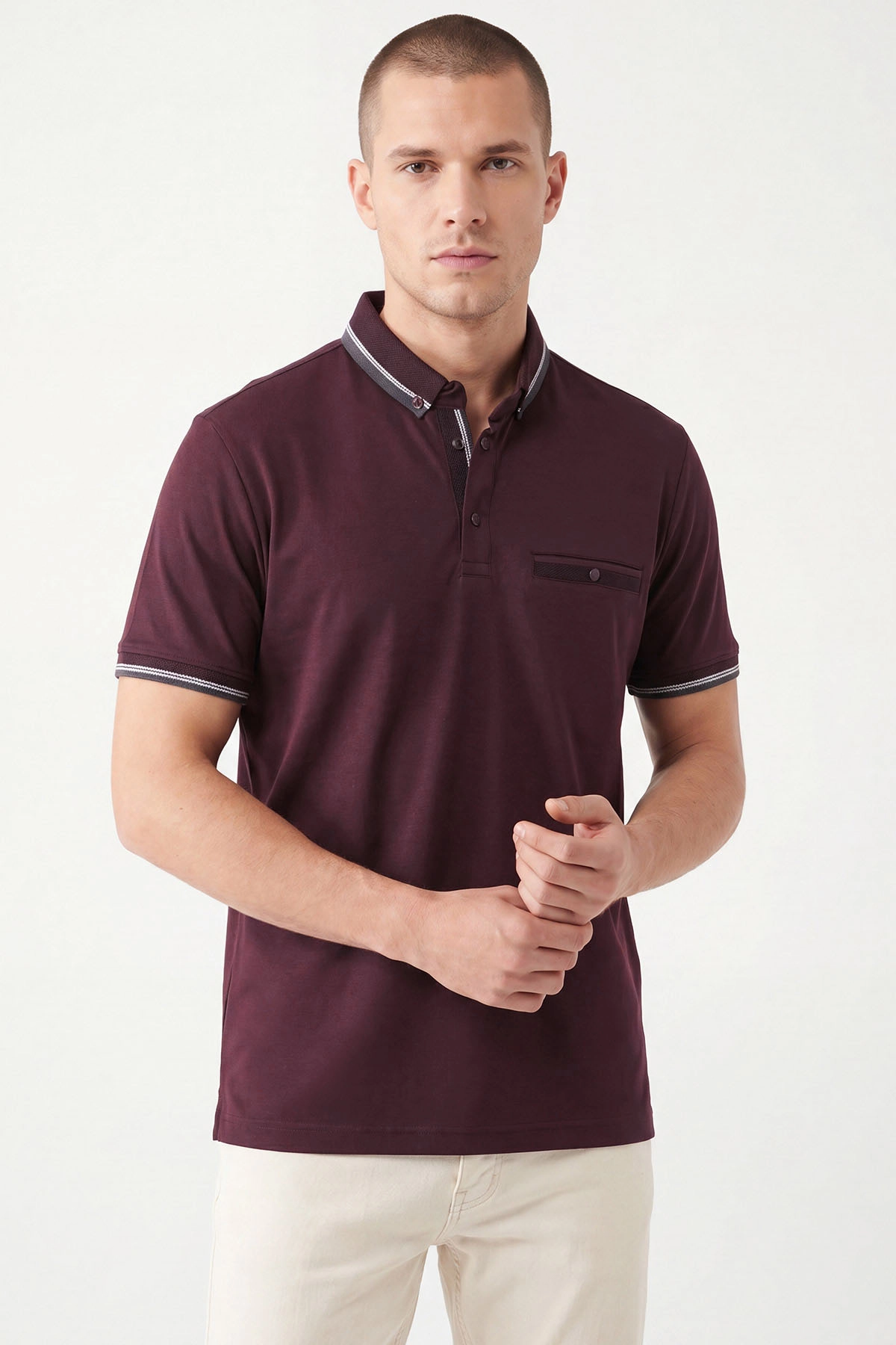 Bordo Modal Kumaş Cep Detaylı Erkek Tişört 467610