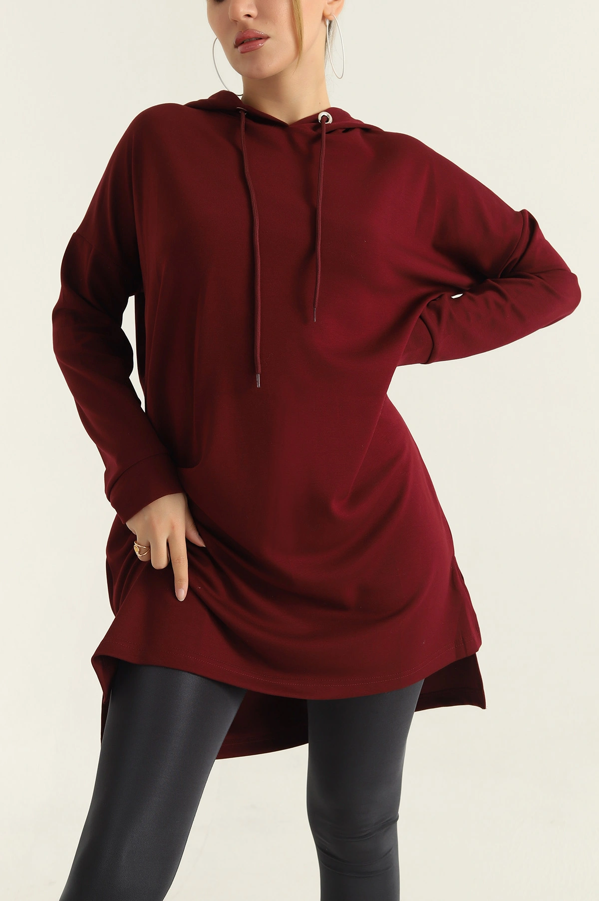 Bordo Modal Kumaş Kapüşonlu Sweat Tunik 305351