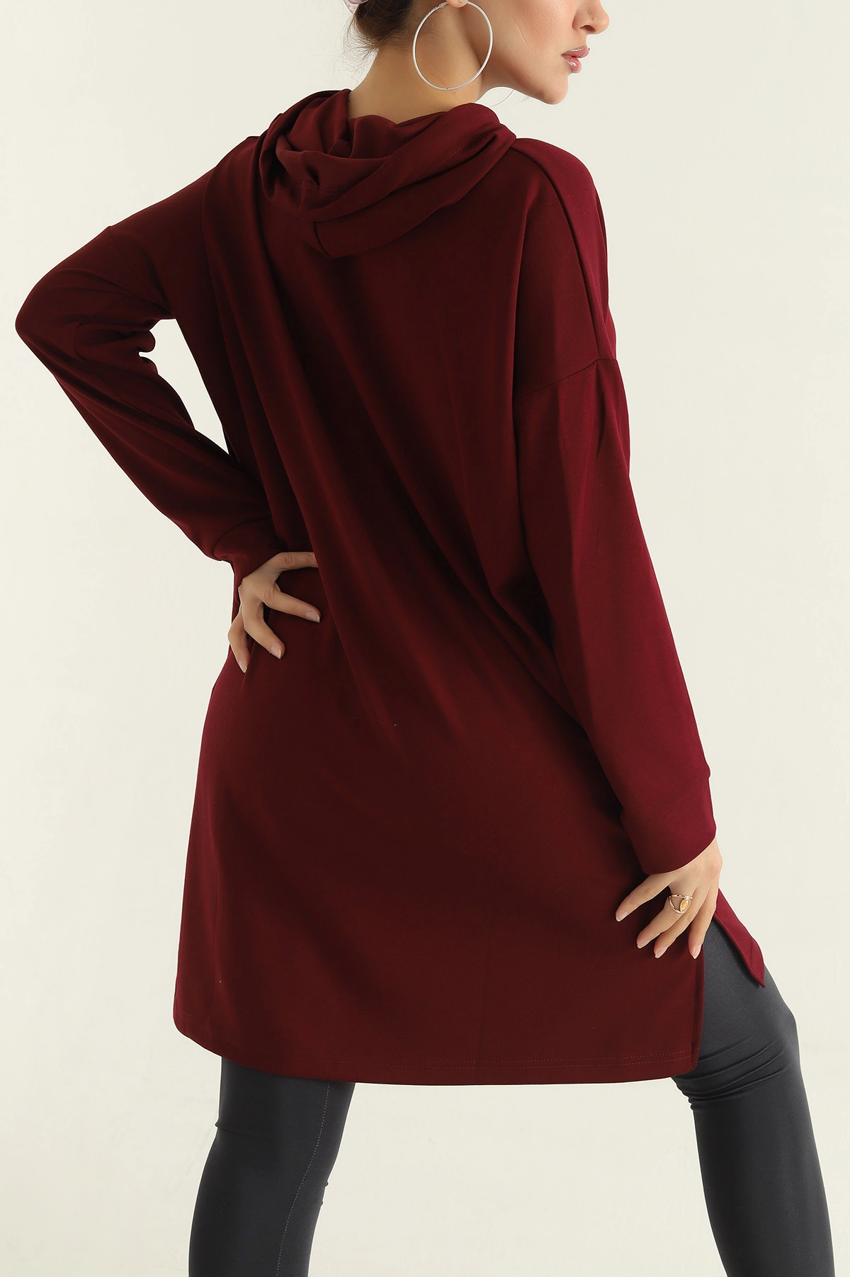 Bordo Modal Kumaş Kapüşonlu Sweat Tunik 305351