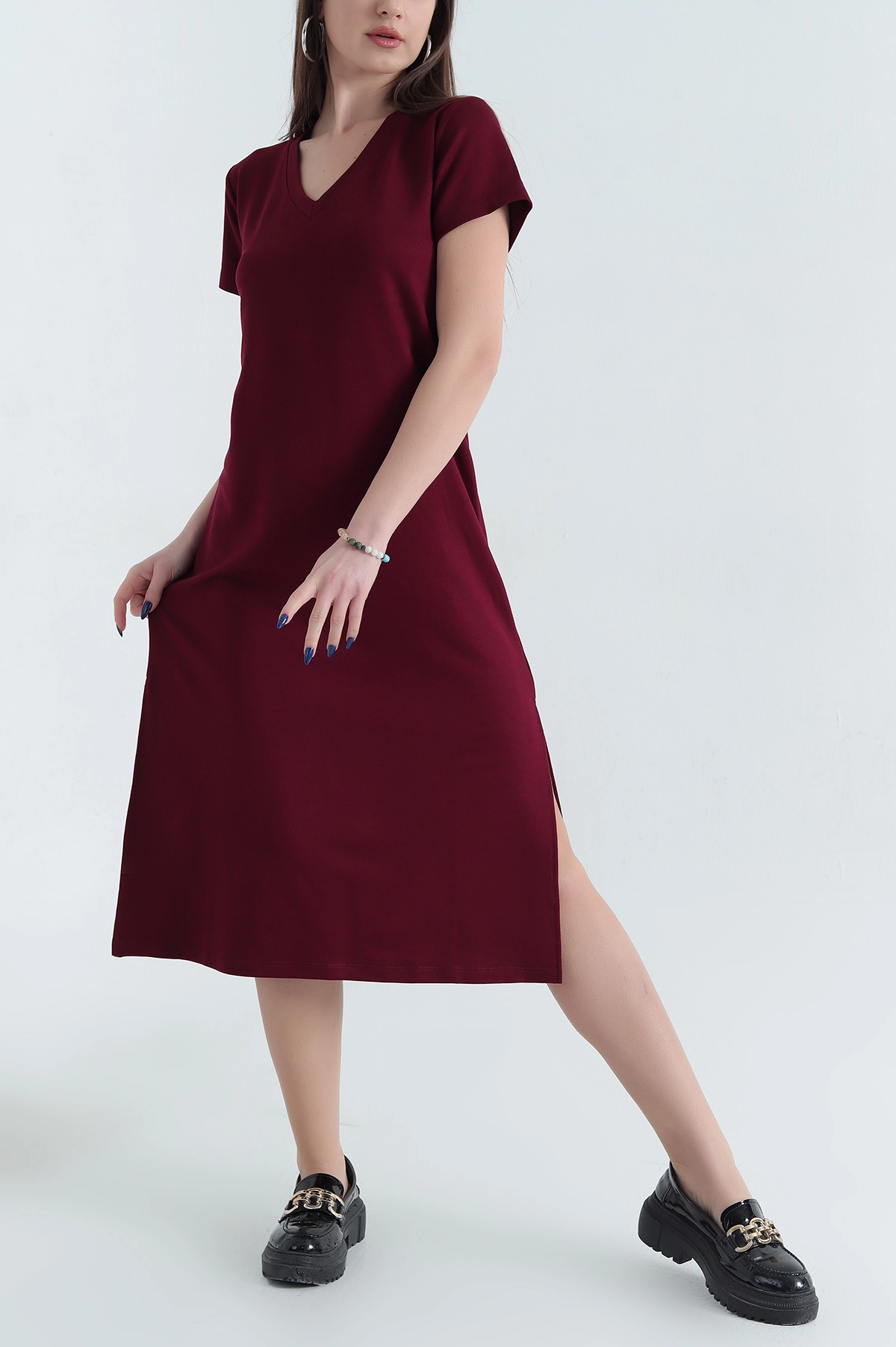 Bordo Modal V Yaka Elbise 338576
