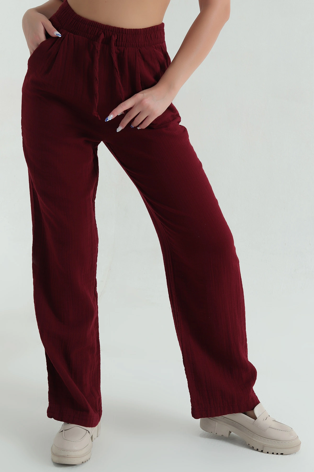 Bordo Müslin Keten Beli Lastikli Palazzo Pantolon 373116