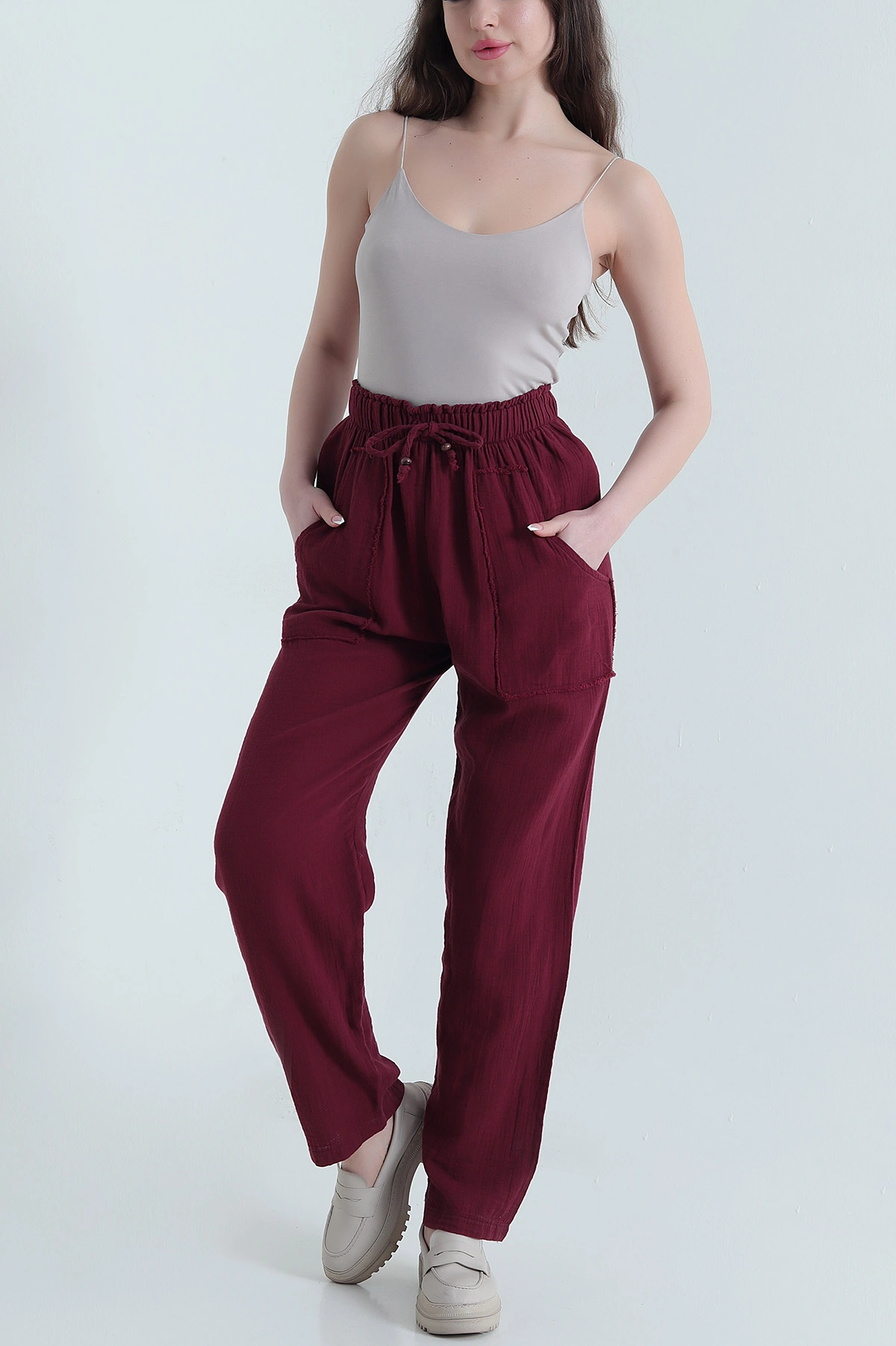 Bordo Müslin Keten Kadın Pantolon 452477