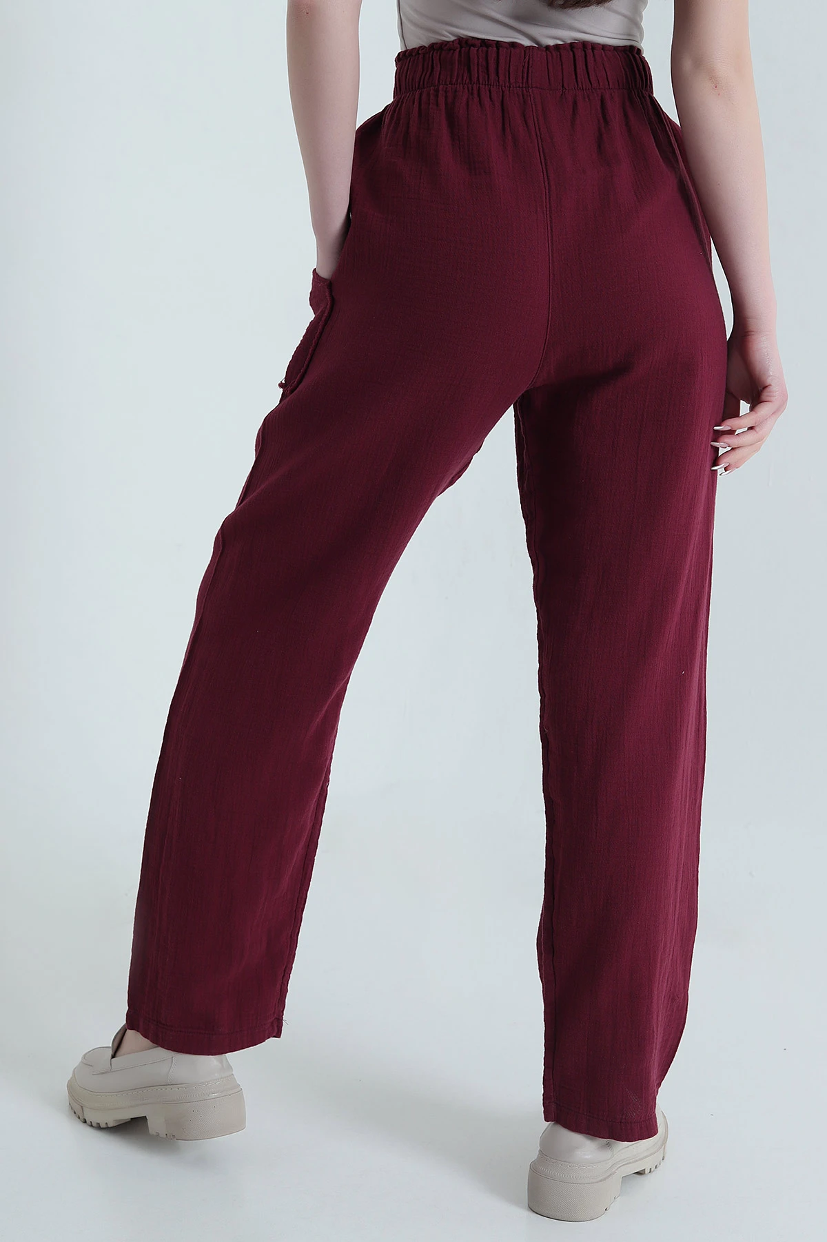 Bordo Müslin Keten Kadın Pantolon 452477