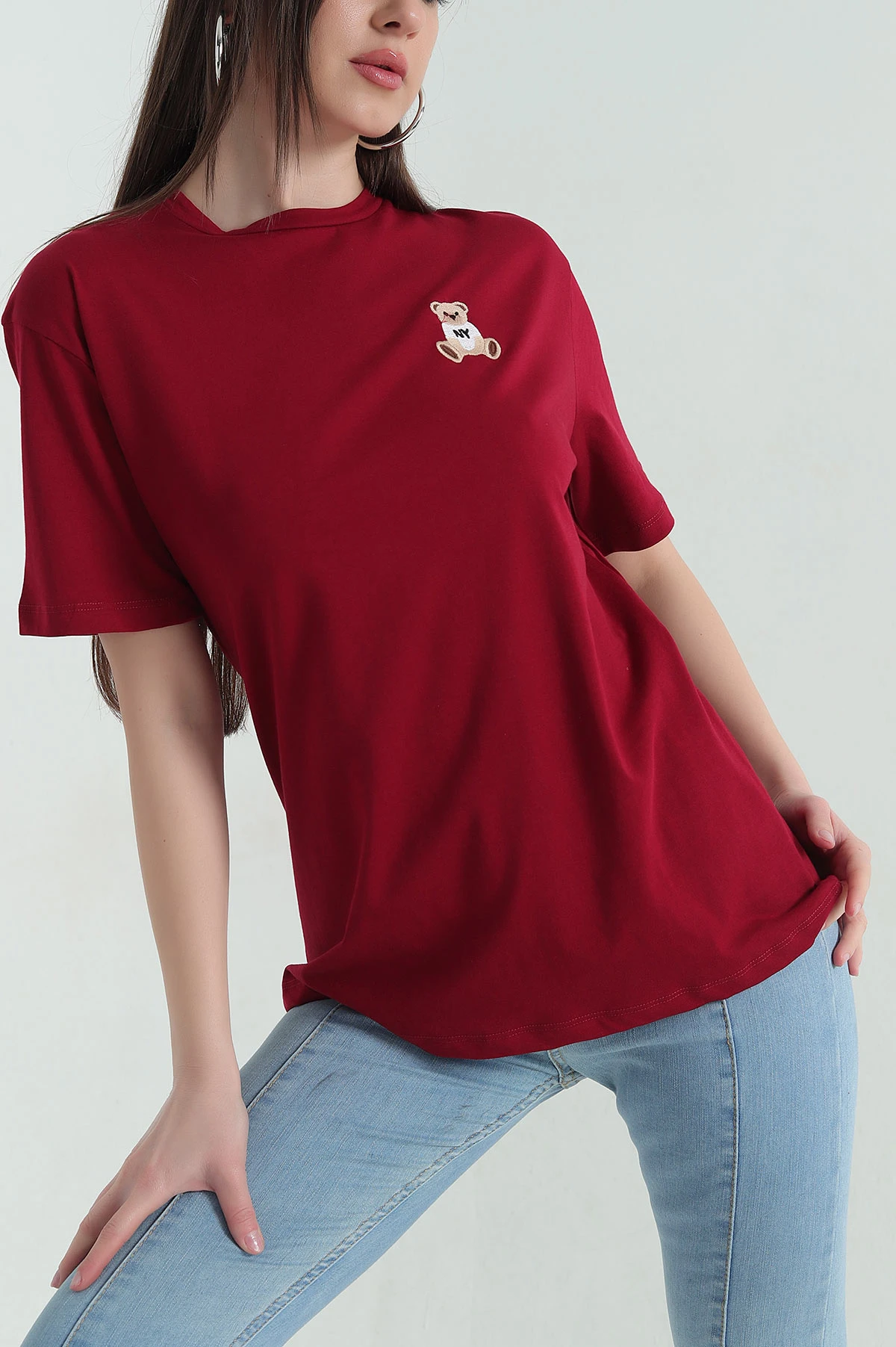 Bordo Nakış Detay Kadın Tişört 357214