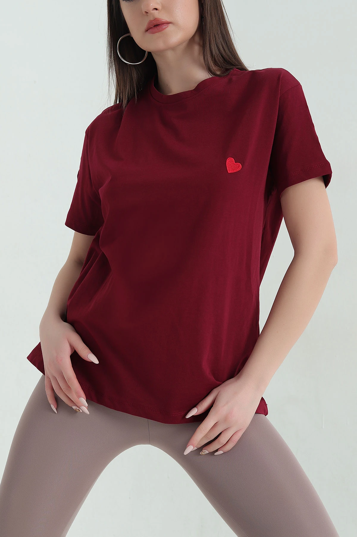 Bordo Nakış Detay Süprem Kadın Tişört 354491