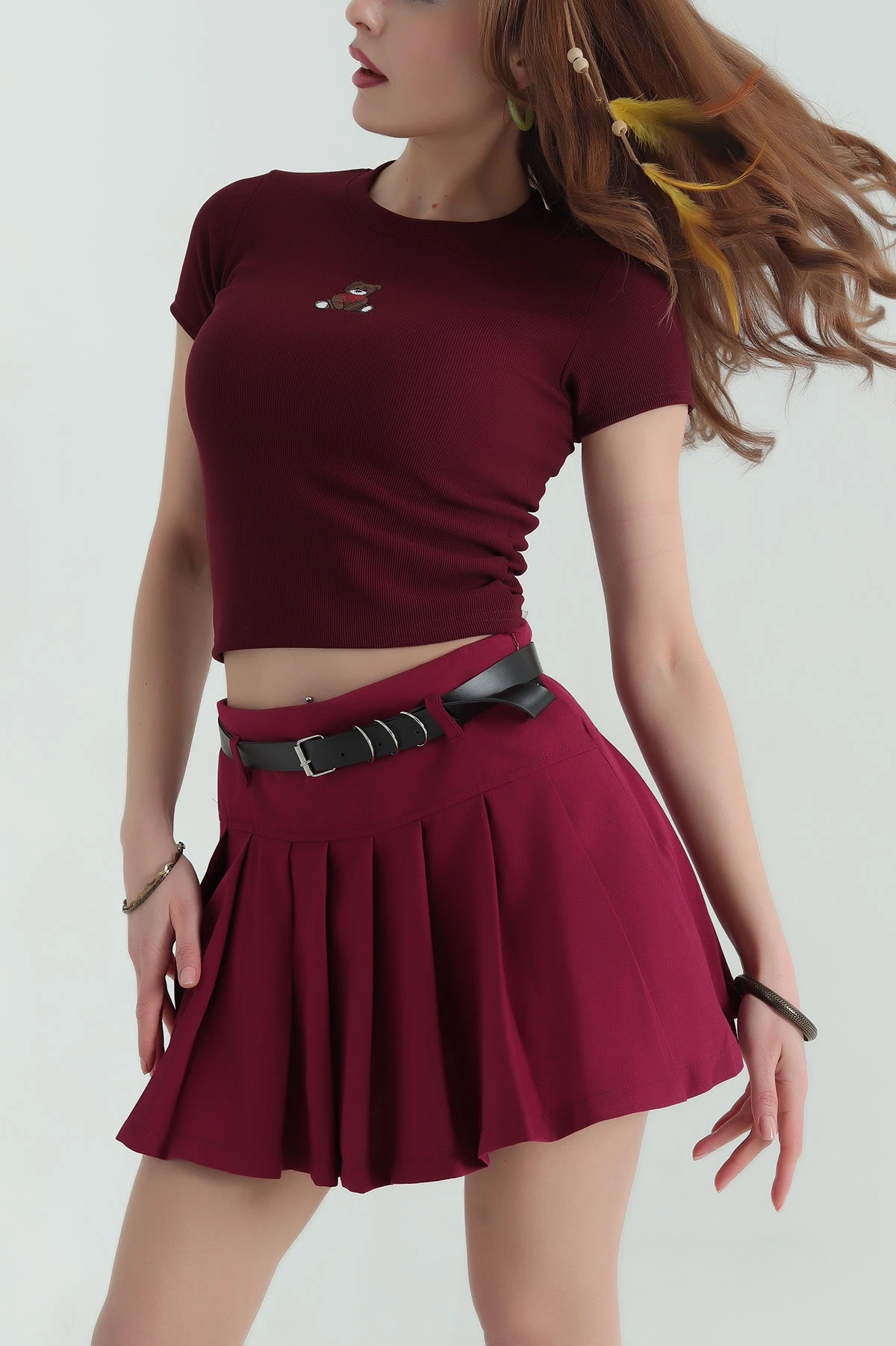 Bordo Nakış İşlemeli Ottman Bluz 335001