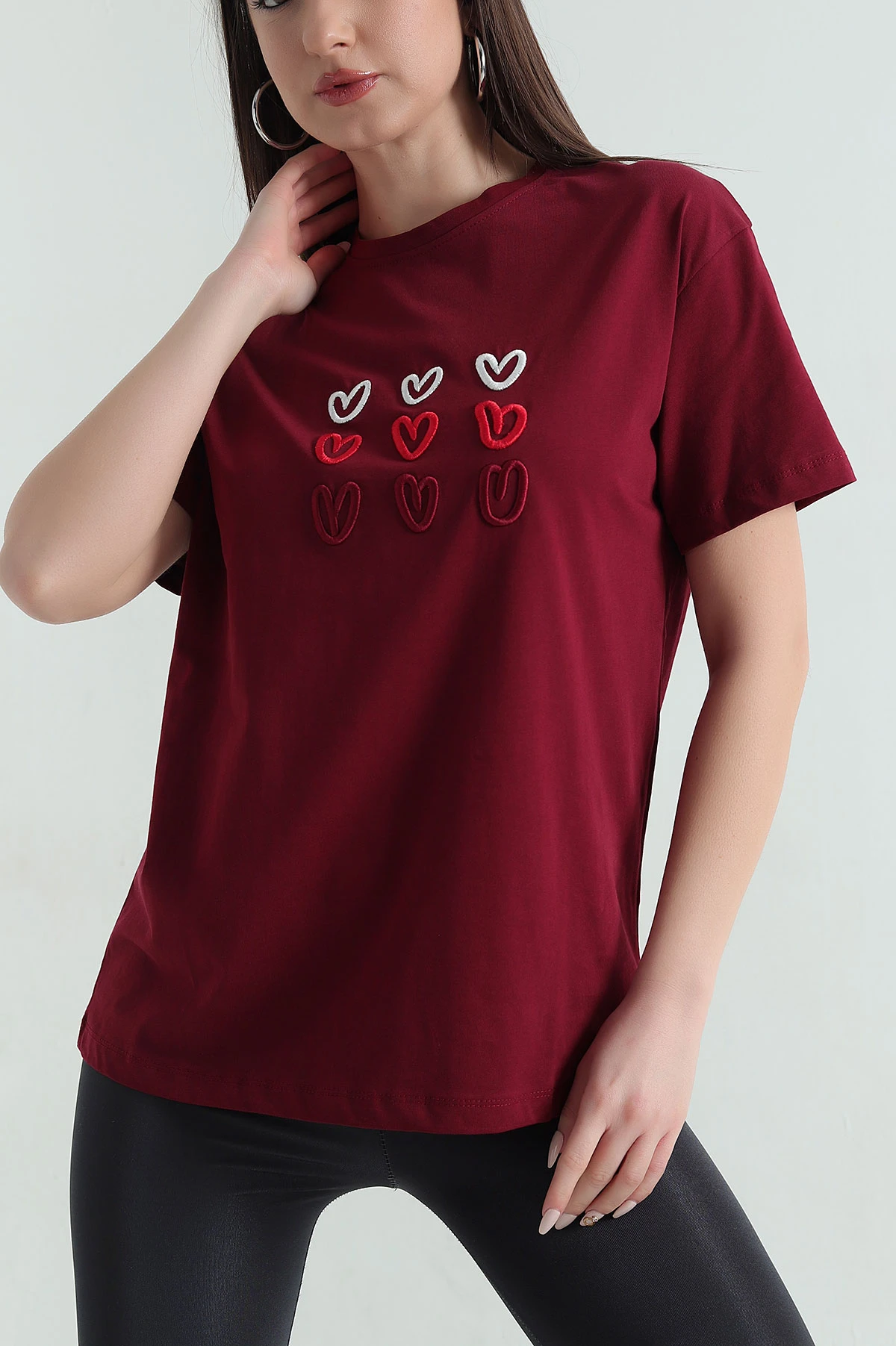 Bordo Nakış İşlemeli Süprem Kadın Tişört 354486