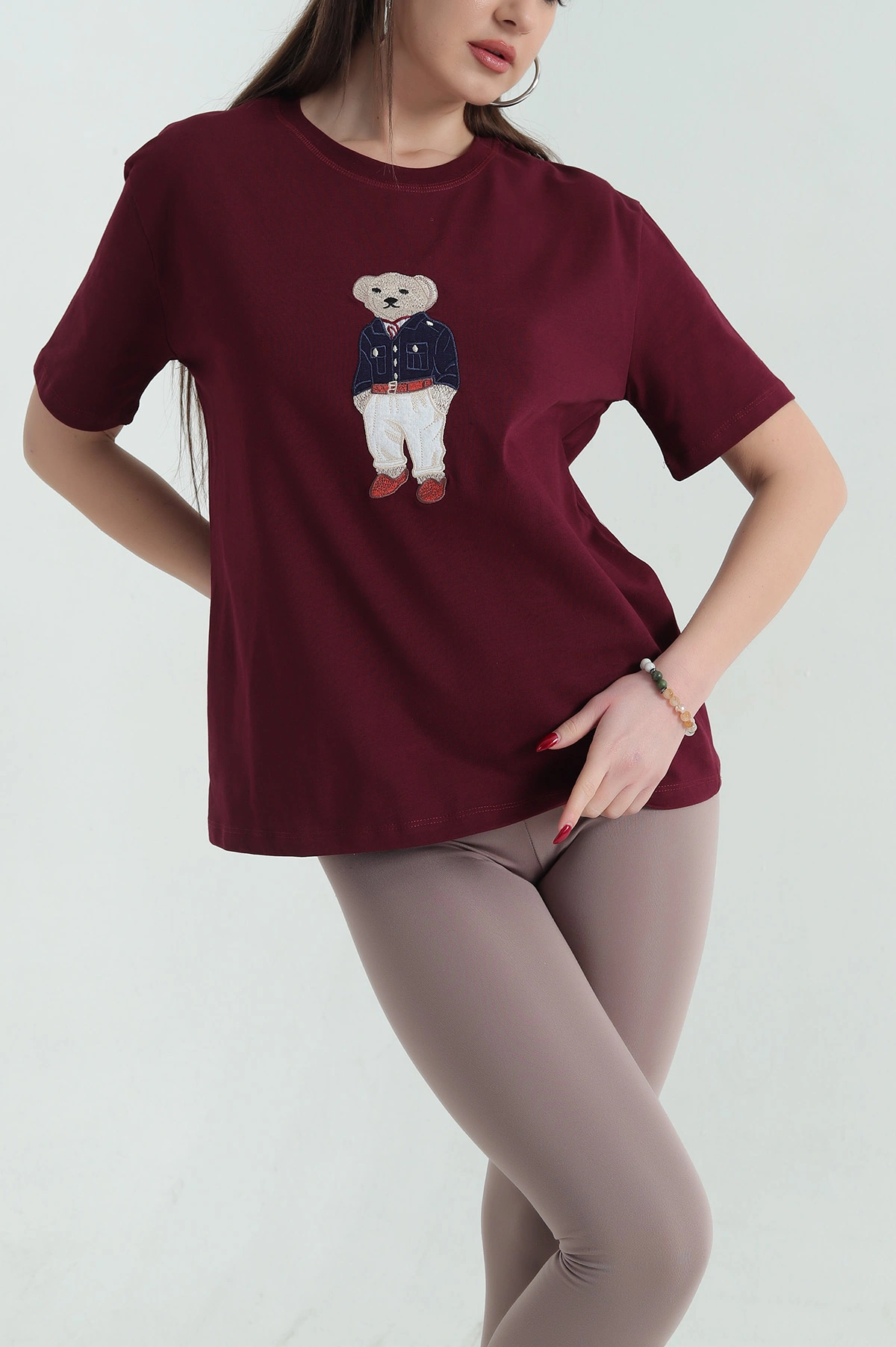 Bordo Nakışlı Bisiklet Yaka Tişört 334440