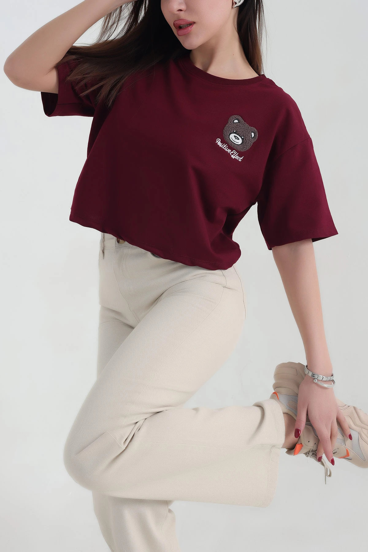 Bordo Nakışlı İki İp Bayan Tişört 337647