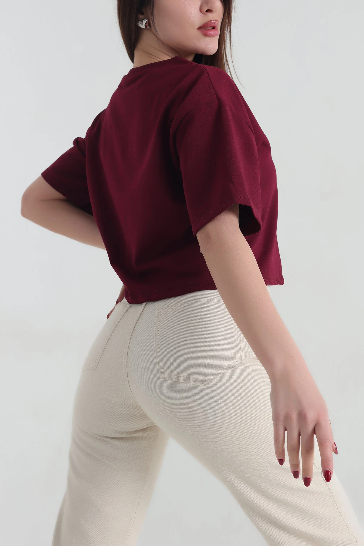 Bordo Nakışlı İki İp Bayan Tişört 337647