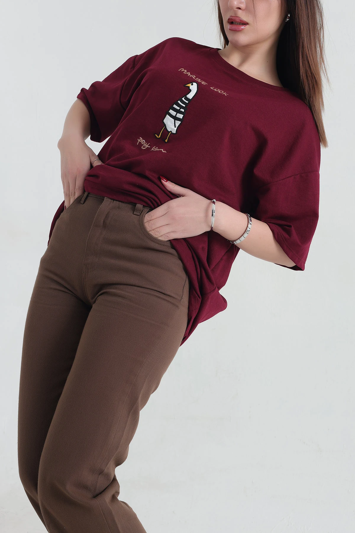 Bordo Nakışlı İki İp Kadın Tişört 337652