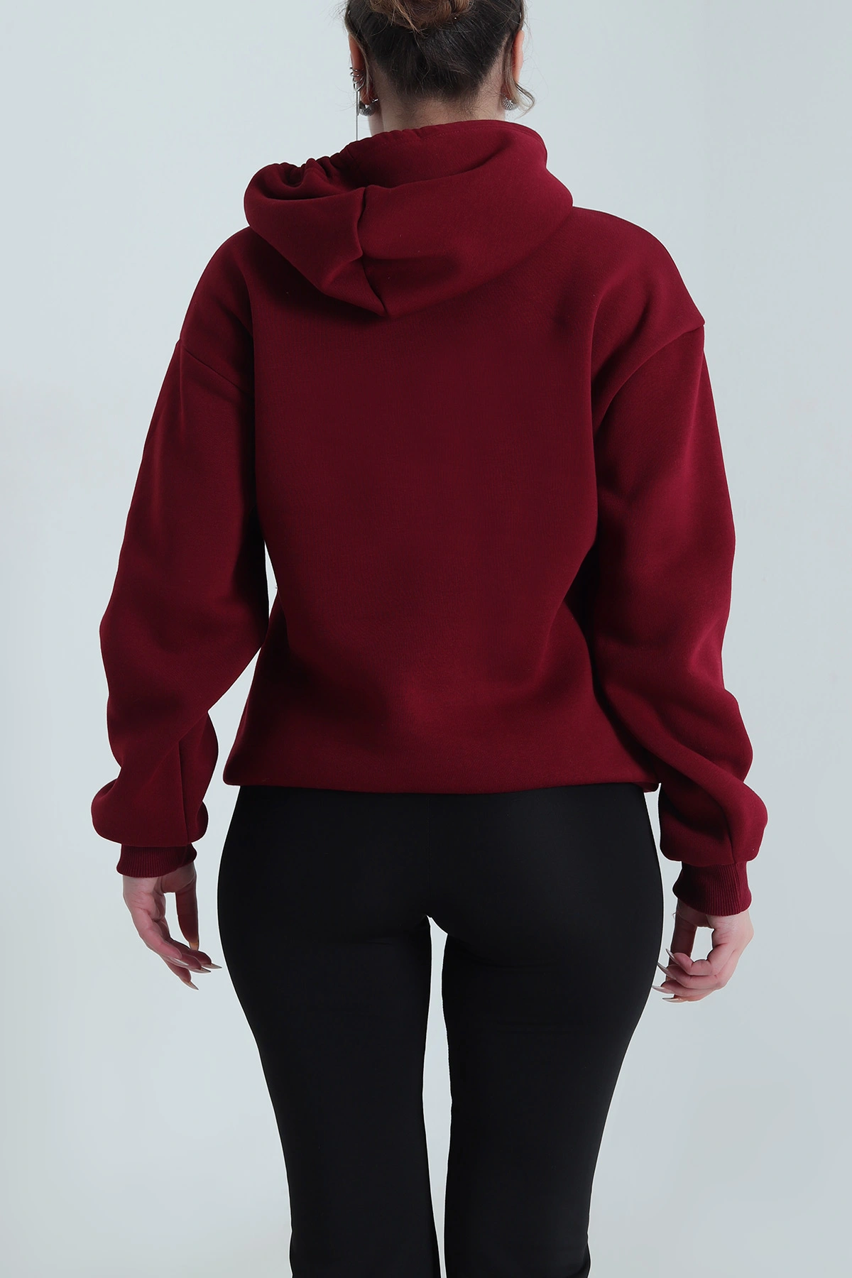 Bordo Nakışlı Kapşonlu Üç İp Kadın Sweat 492603