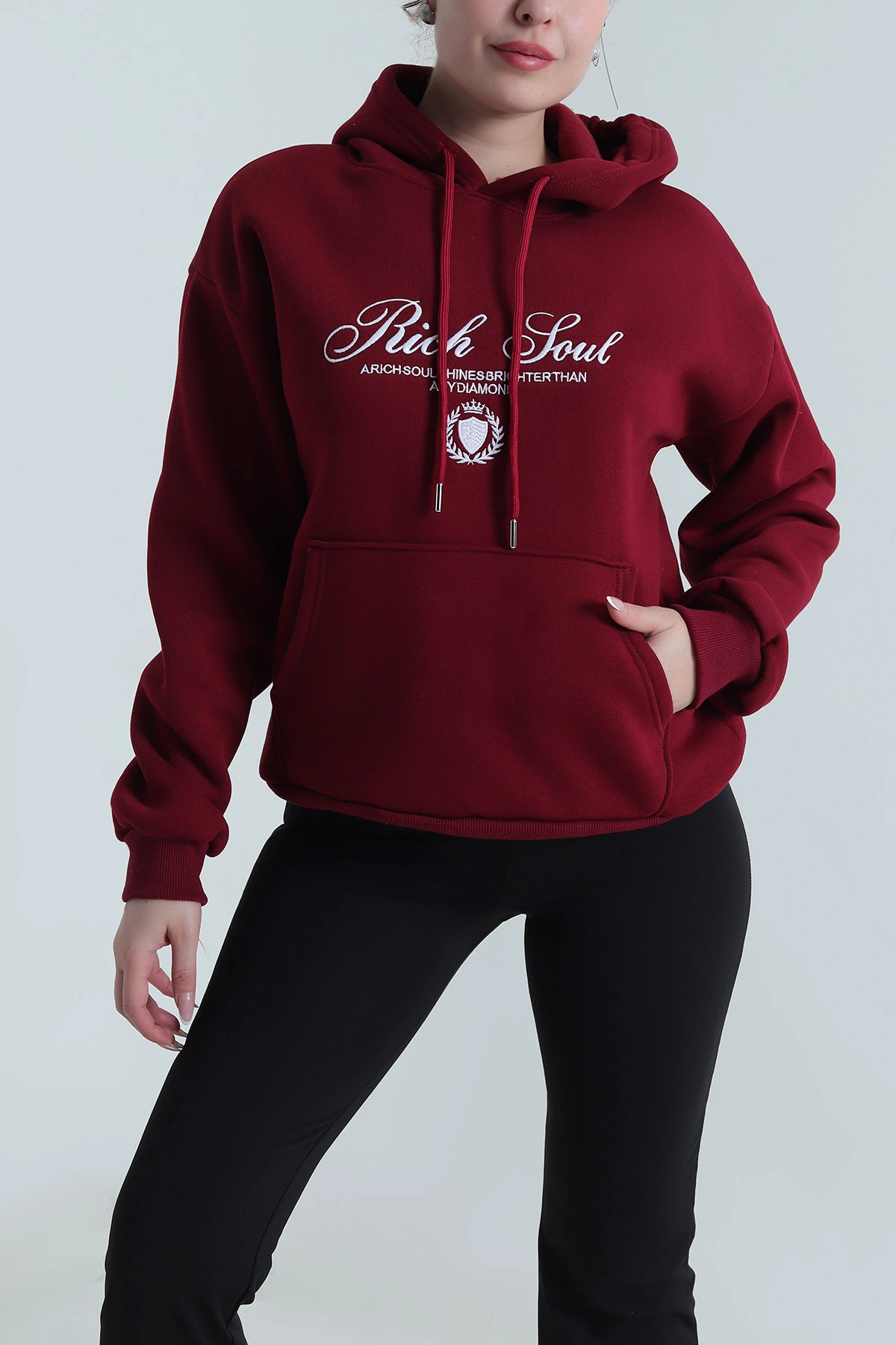 Bordo Nakışlı Kapşonlu Üç İp Kadın Sweat 492603