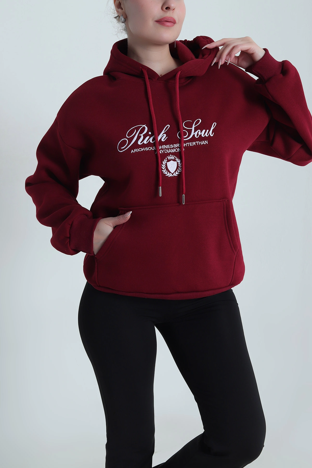 Bordo Nakışlı Kapşonlu Üç İp Kadın Sweat 492603