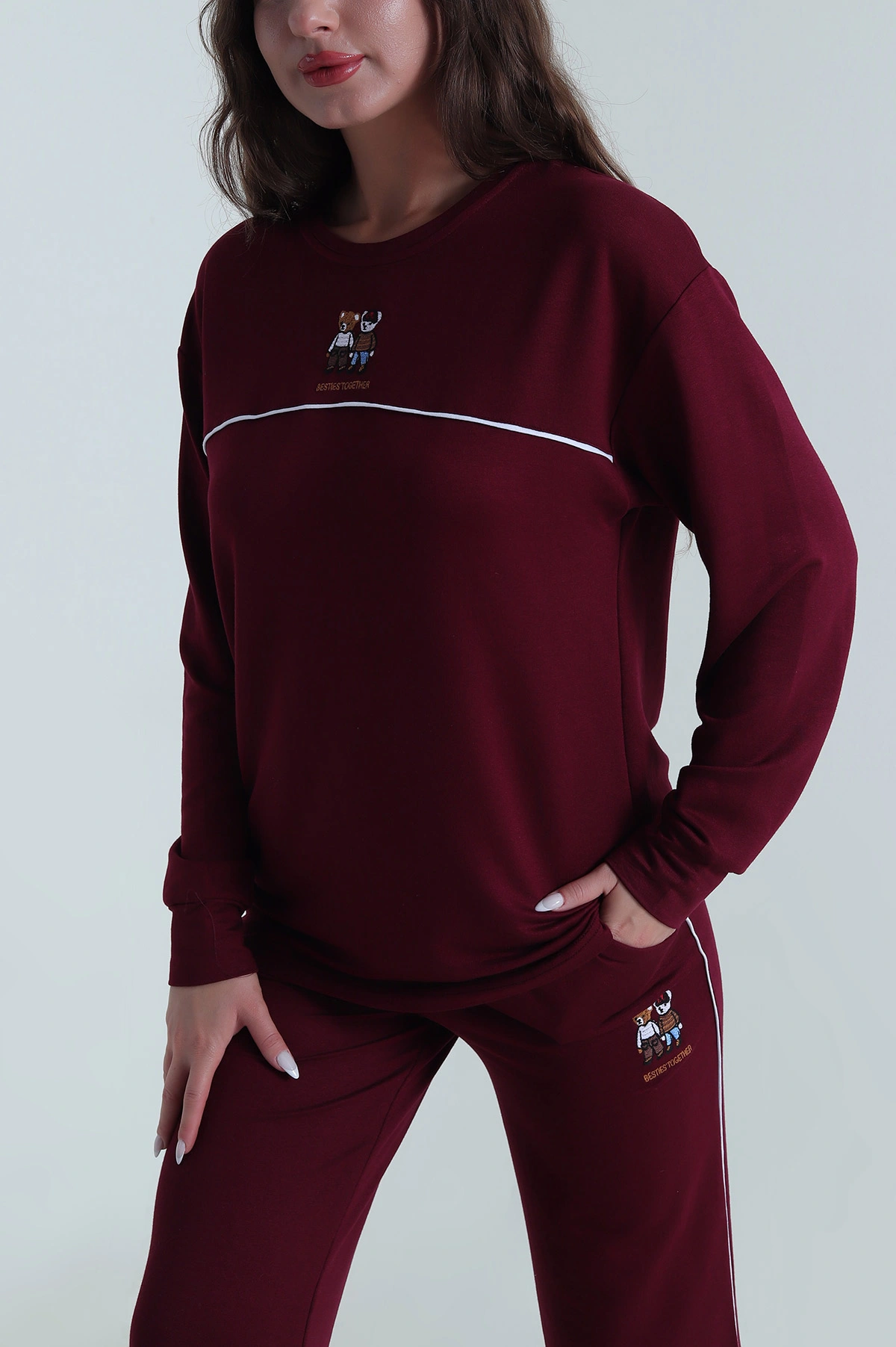 Bordo Nakışlı Kristal Kadın İkili Takım 485538