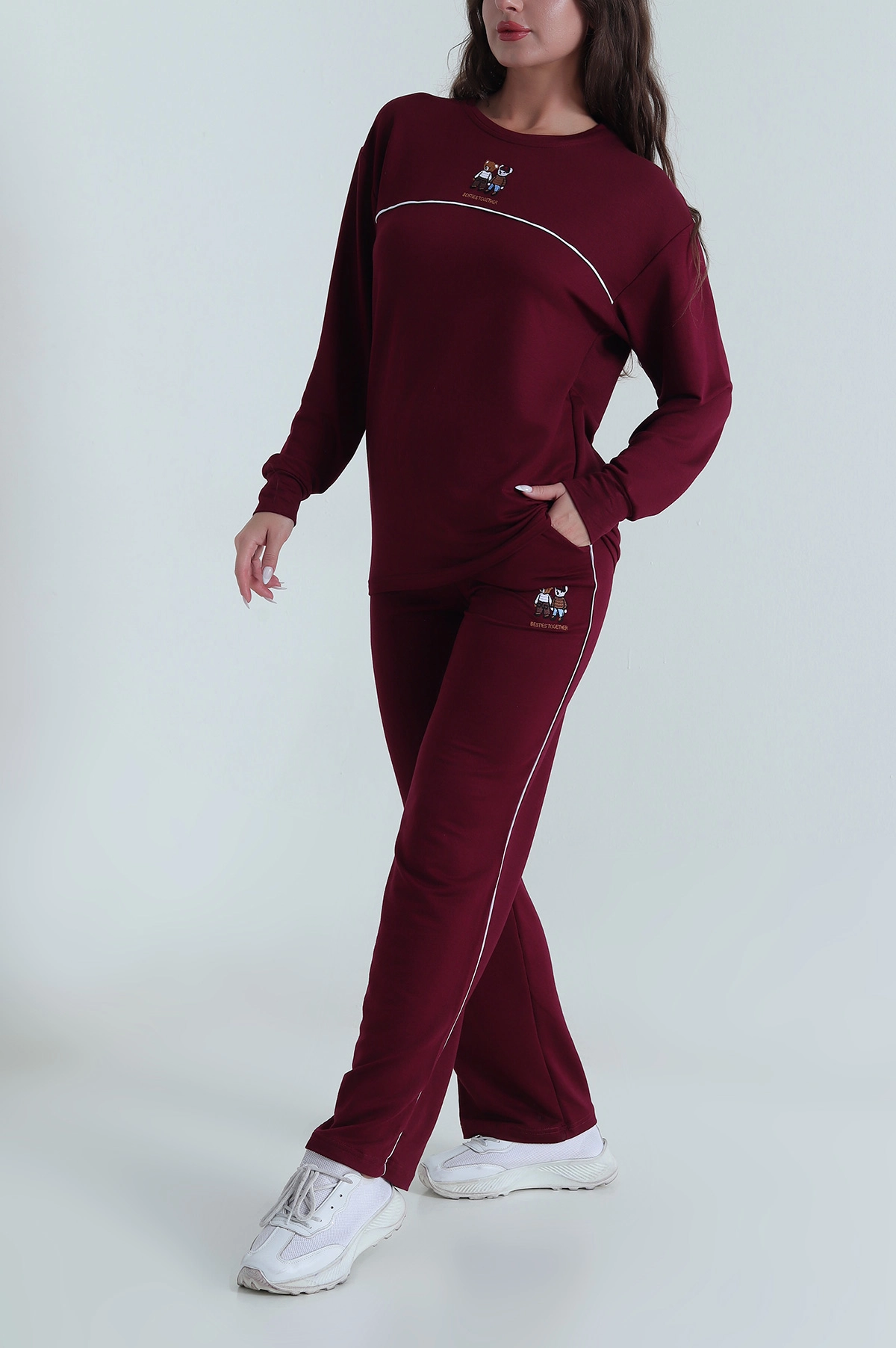 Bordo Nakışlı Kristal Kadın İkili Takım 485538