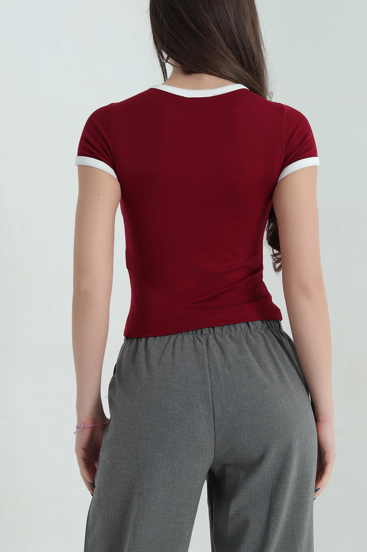 Bordo Nakışlı Likralı Viskon Kadın Bluz 347832