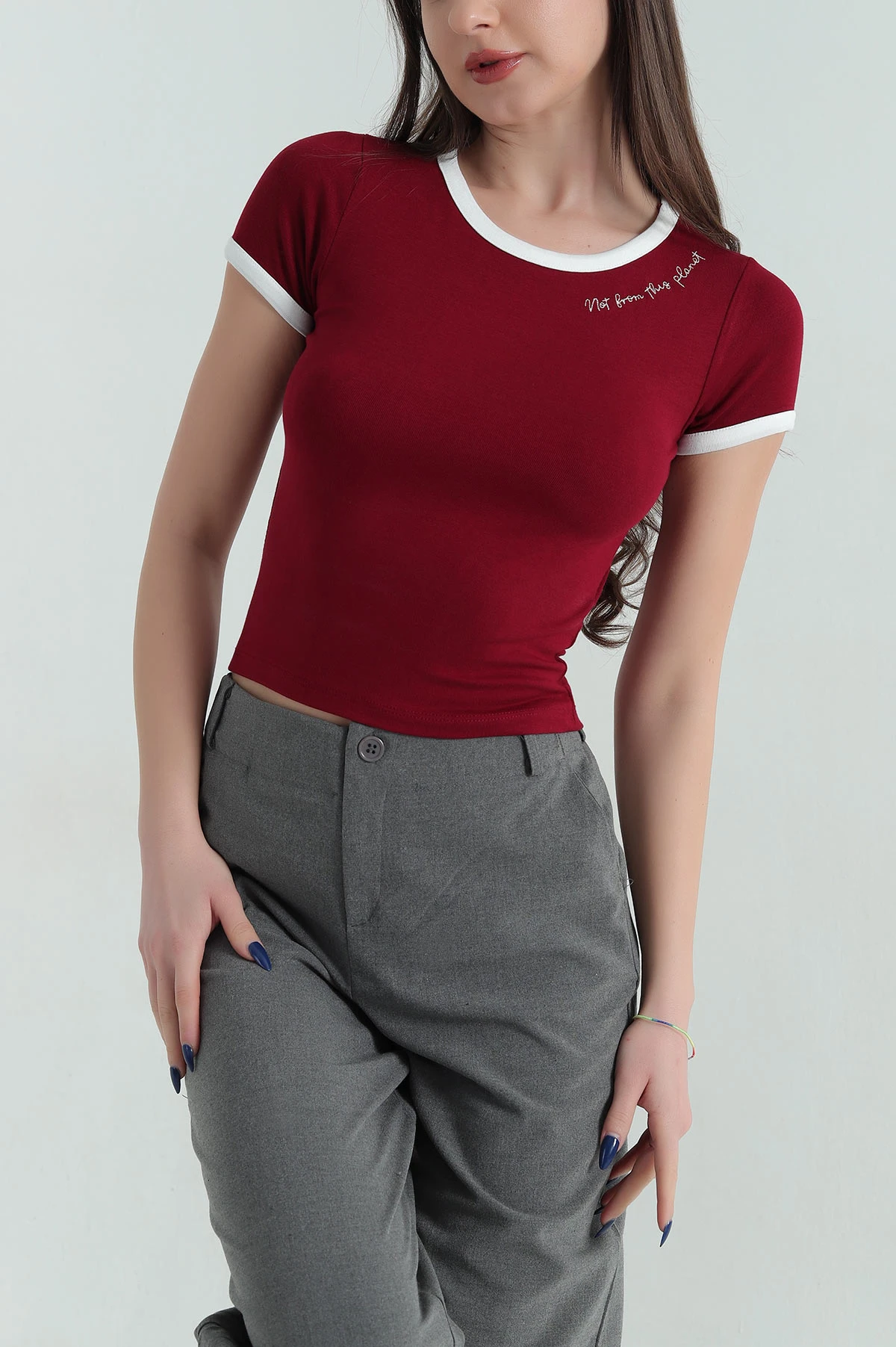 Bordo Nakışlı Likralı Viskon Kadın Bluz 347832