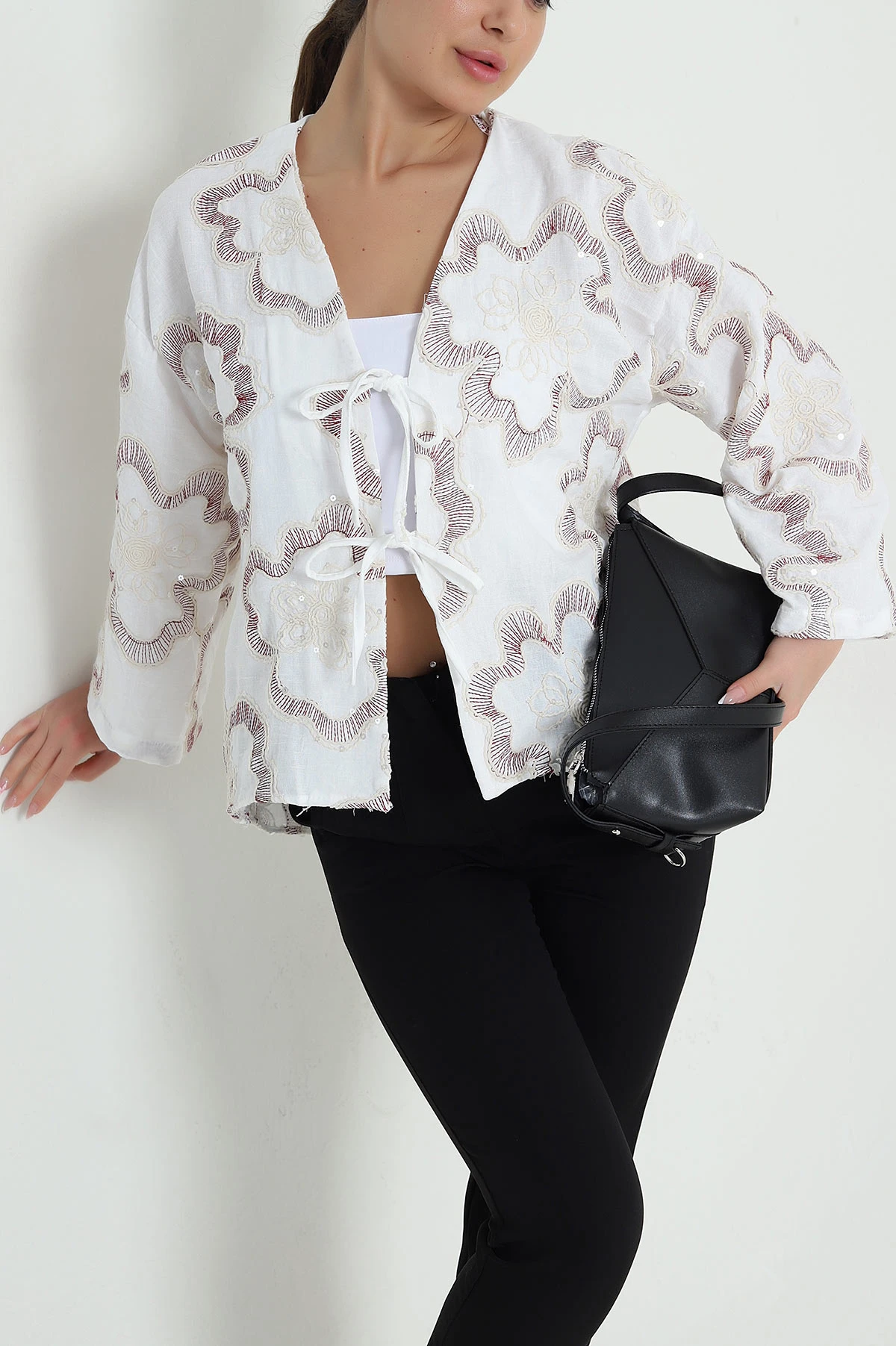 Bordo Nakışlı Pullu Müslin Kadın Kimono 461509
