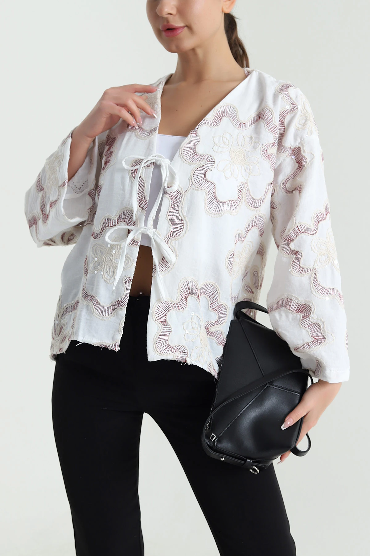 Bordo Nakışlı Pullu Müslin Kadın Kimono 461509