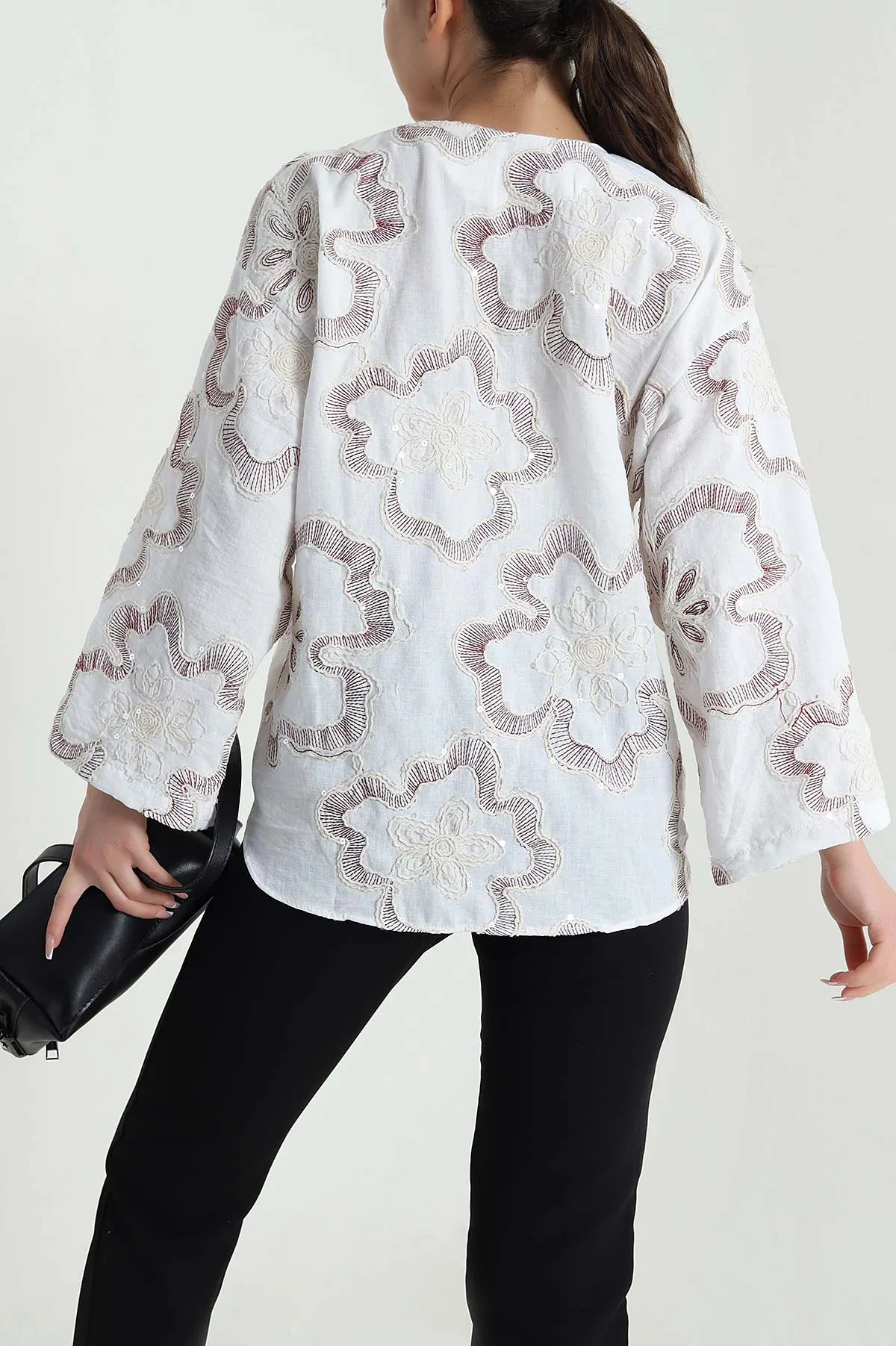 Bordo Nakışlı Pullu Müslin Kadın Kimono 461509