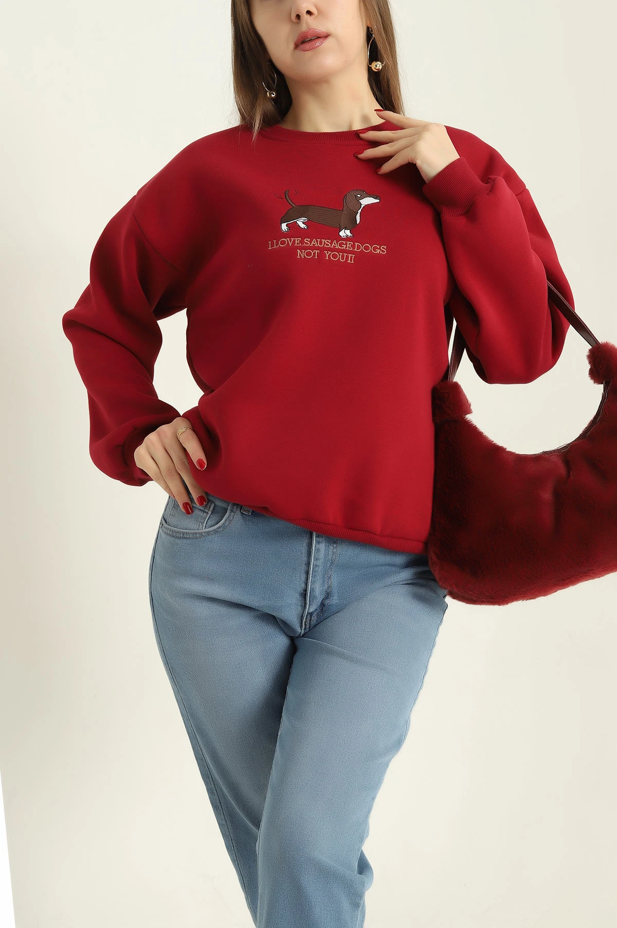 Bordo Nakışlı Şardonlu Üç İp Bayan Sweat 329632