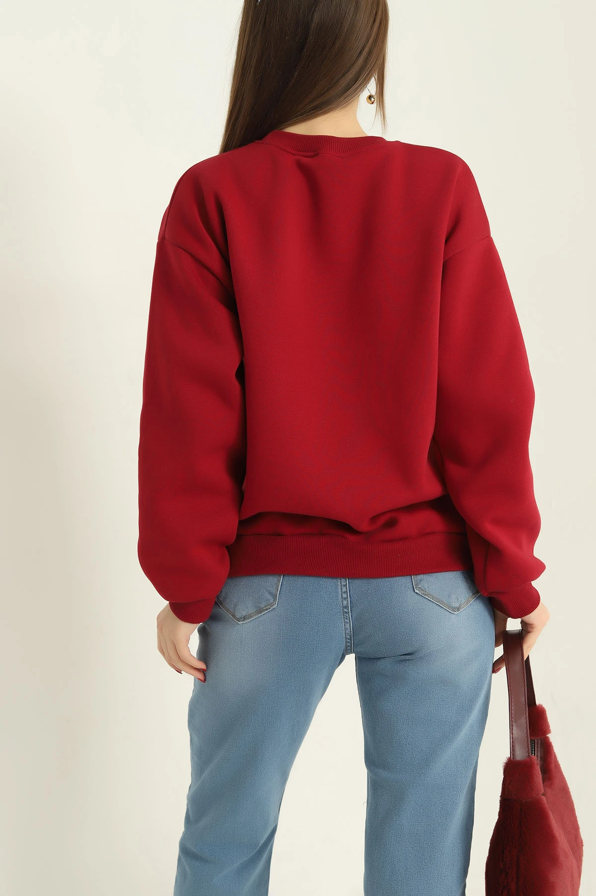 Bordo Nakışlı Şardonlu Üç İp Bayan Sweat 329632