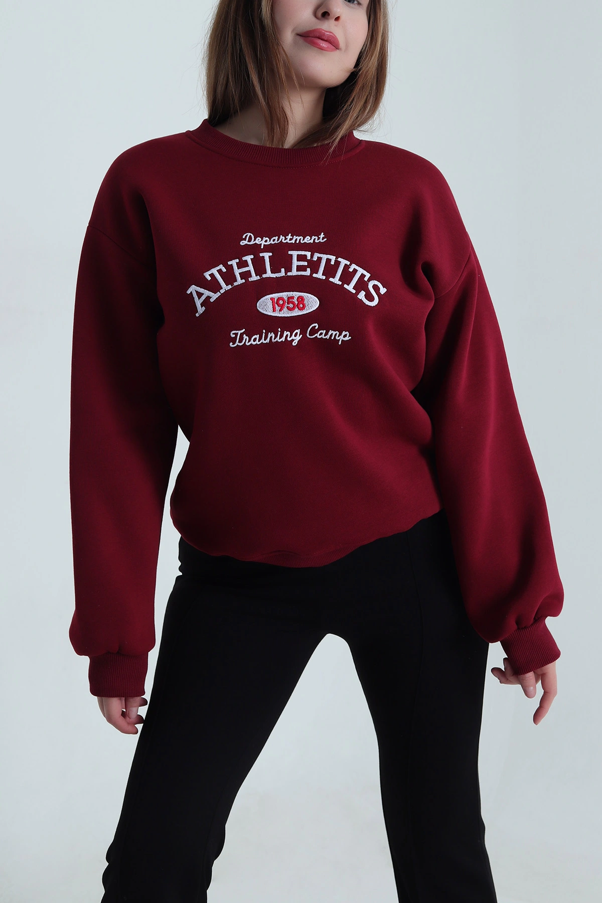 Bordo Nakışlı Şardonlu Üç İp Kadın Sweat 495057