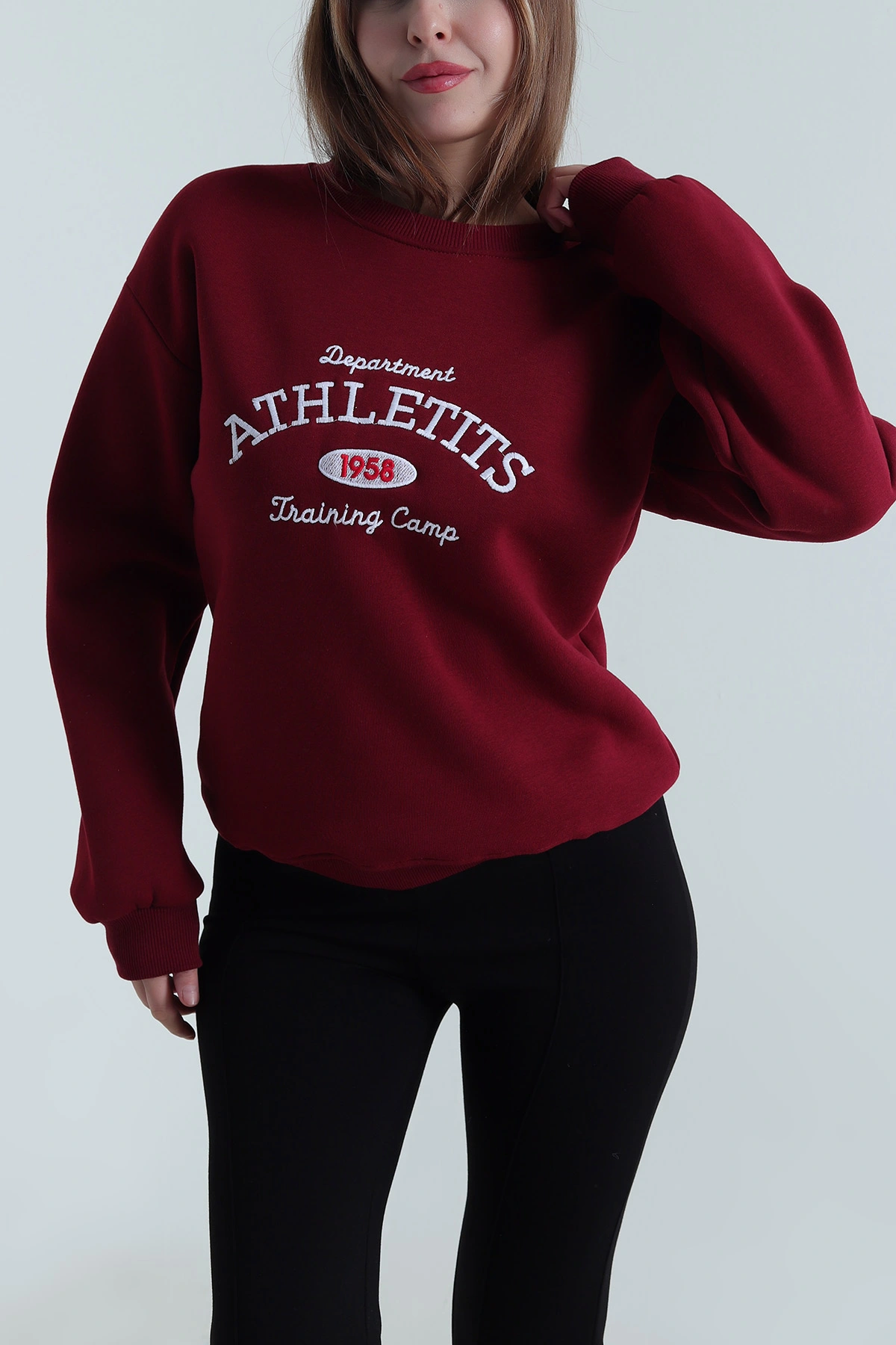Bordo Nakışlı Şardonlu Üç İp Kadın Sweat 495057