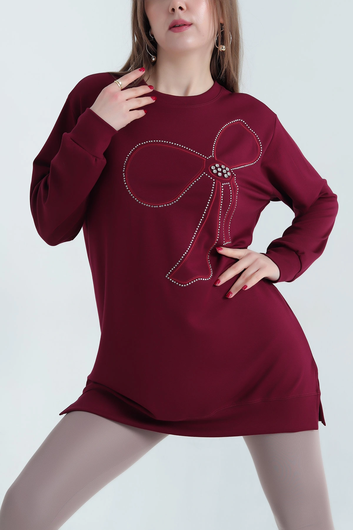 Bordo Nakışlı Taş Detaylı Oysho Kumaş Tunik 337860