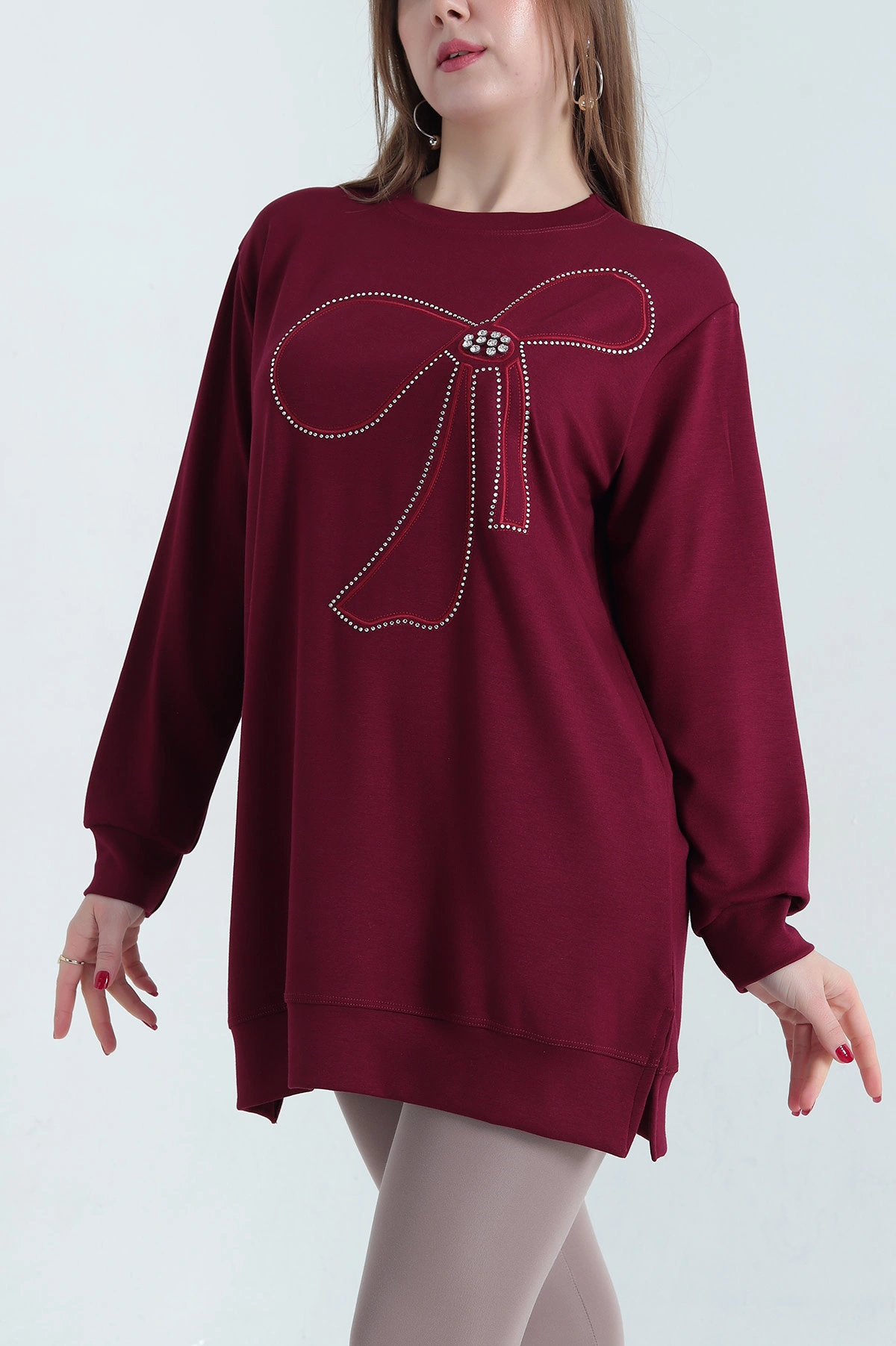 Bordo Nakışlı Taş Detaylı Oysho Kumaş Tunik 337860