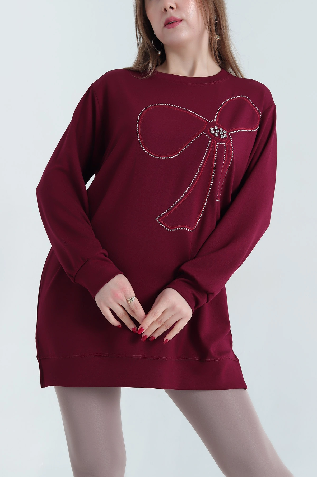 Bordo Nakışlı Taş Detaylı Oysho Kumaş Tunik 337860