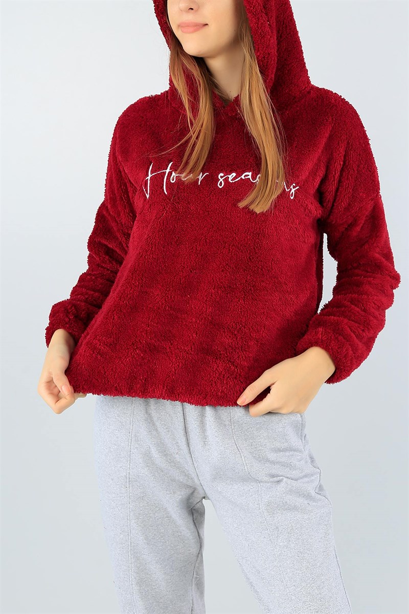 Bordo Nakışlı Yumoş Polar Sweat 44691