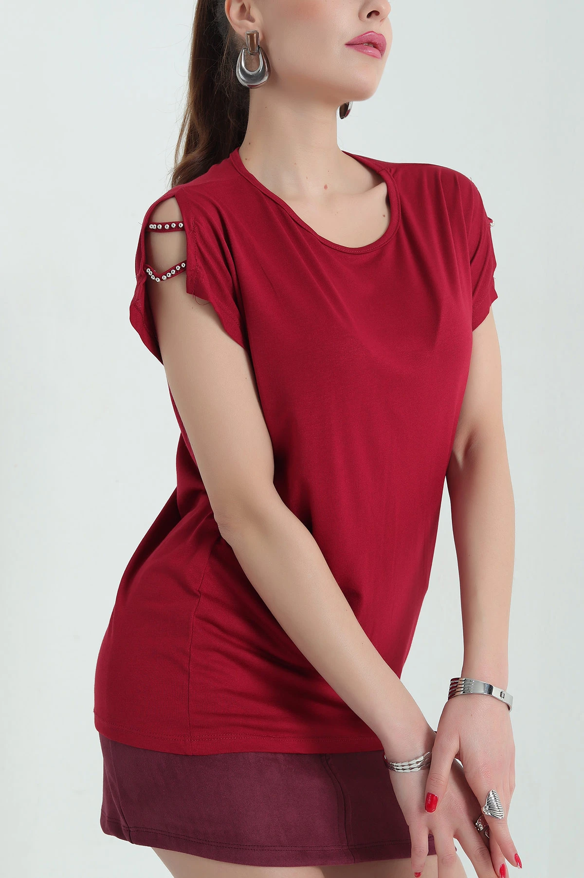 Bordo Omuz Detay Viskon Bluz 335918