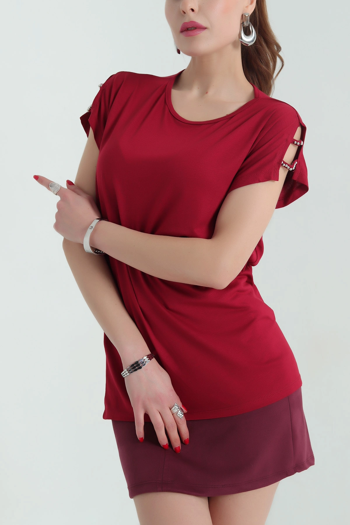 Bordo Omuz Detay Viskon Bluz 335918