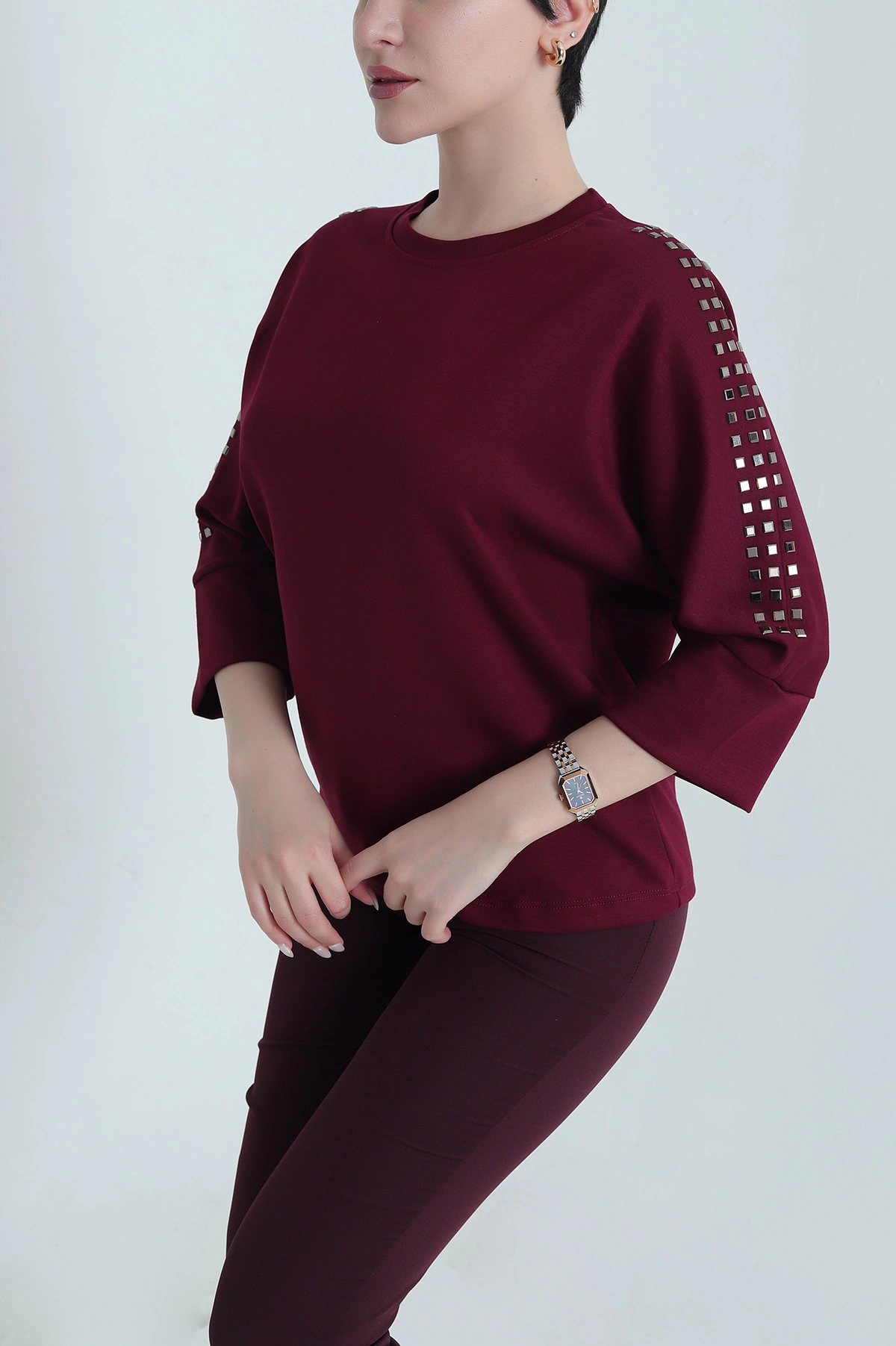 Bordo Omuz Taşlı Likralı Oysho Kadın Bluz 445879