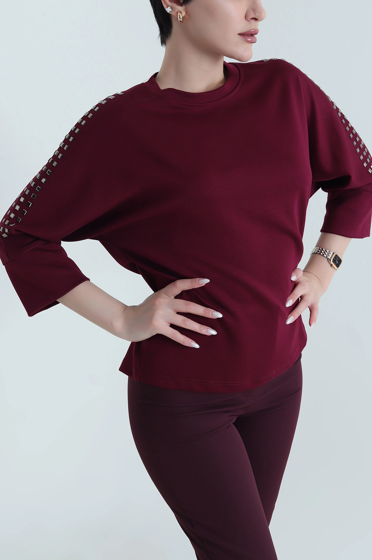 Bordo Omuz Taşlı Likralı Oysho Kadın Bluz 445879