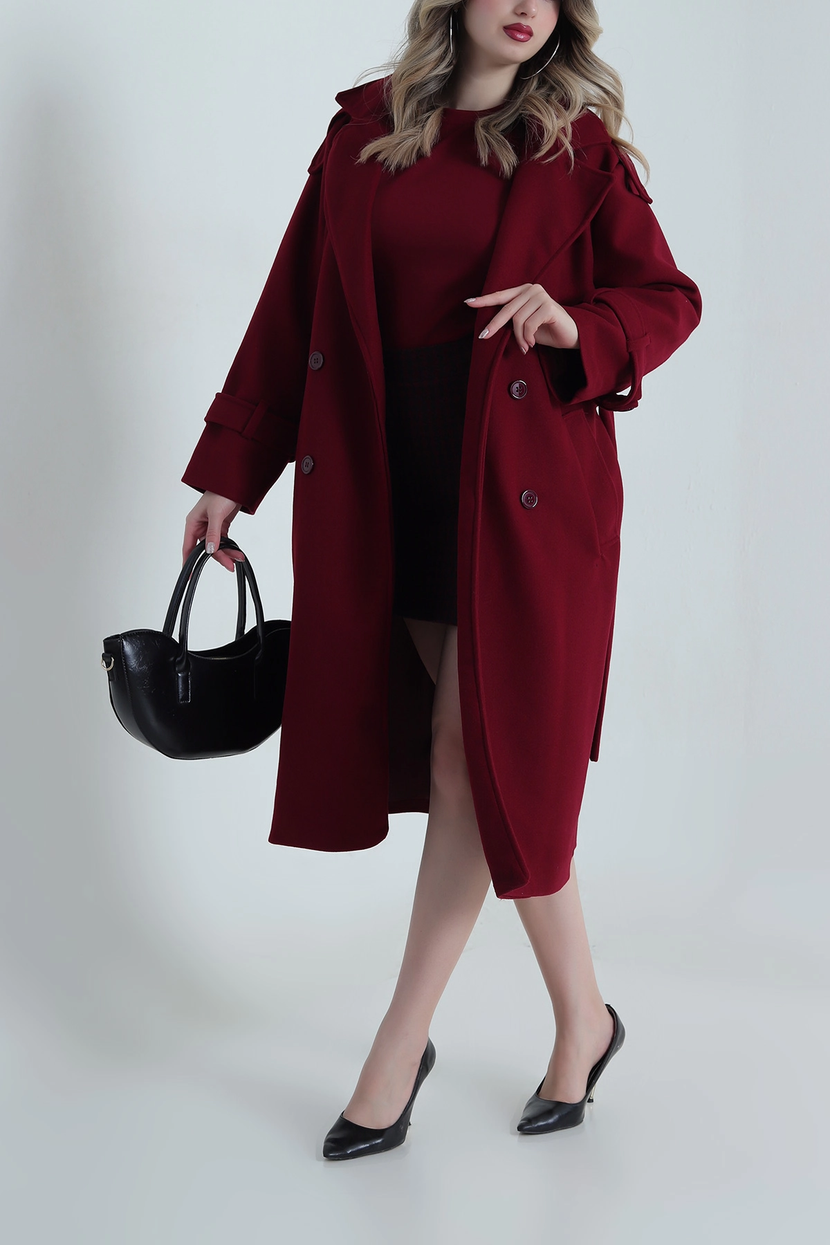 Bordo Omuzları Apoletli Kaşe Kadın Kaban 491336