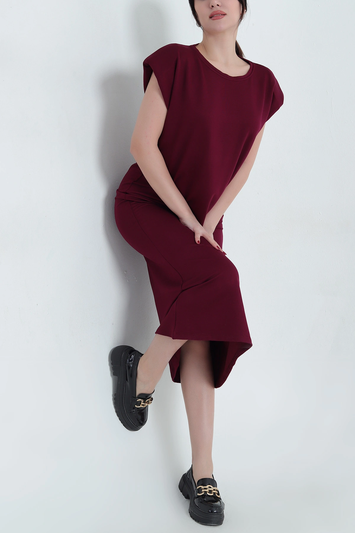 Bordo Omuzları Vatkalı Kristal Elbise 337766