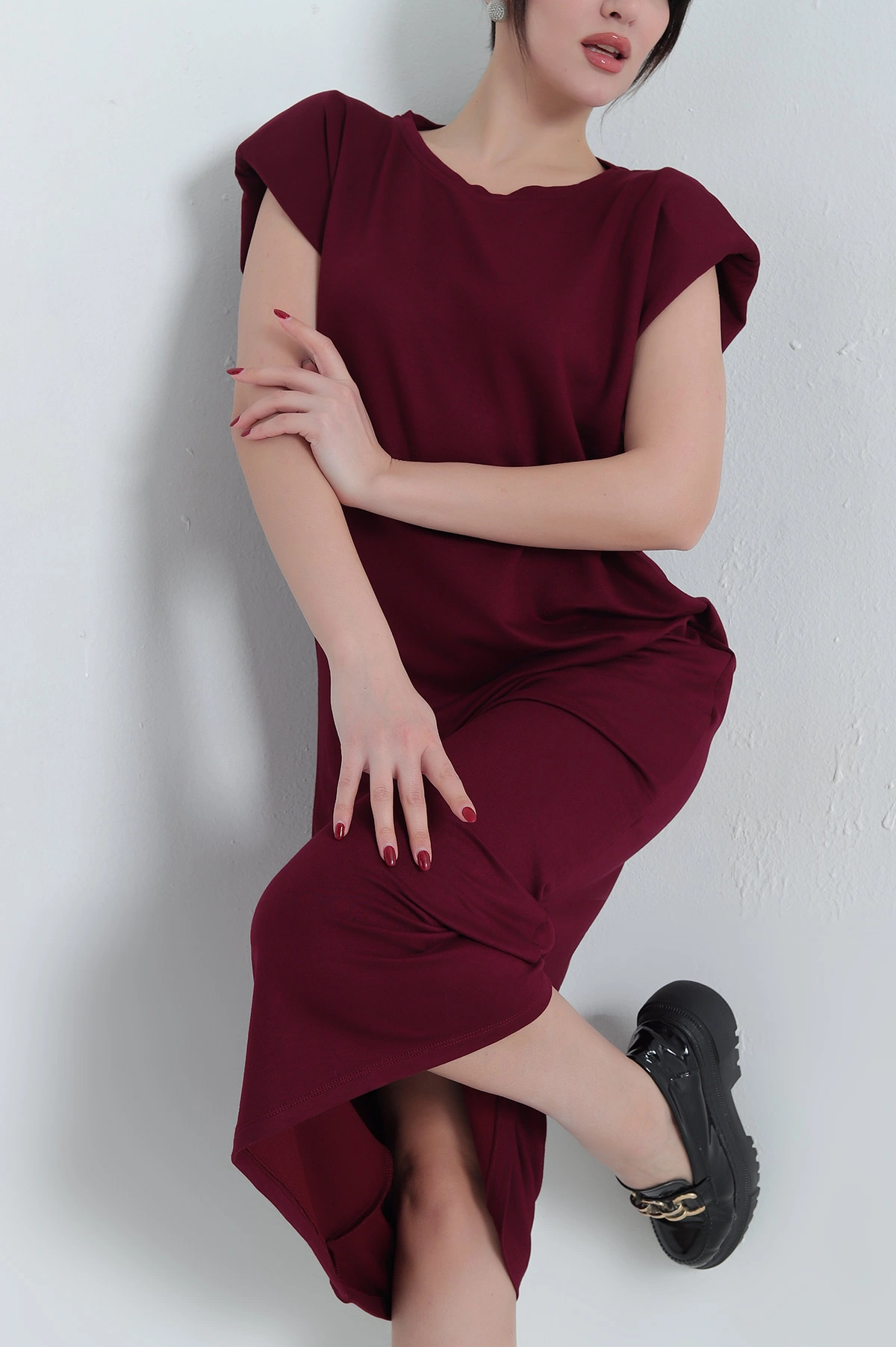 Bordo Omuzları Vatkalı Kristal Elbise 337766