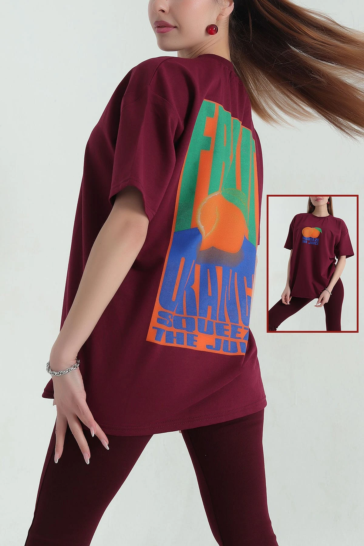Bordo Ön ve Arka Baskılı İki İp Bisiklet Yaka Kadın Tişört 357331