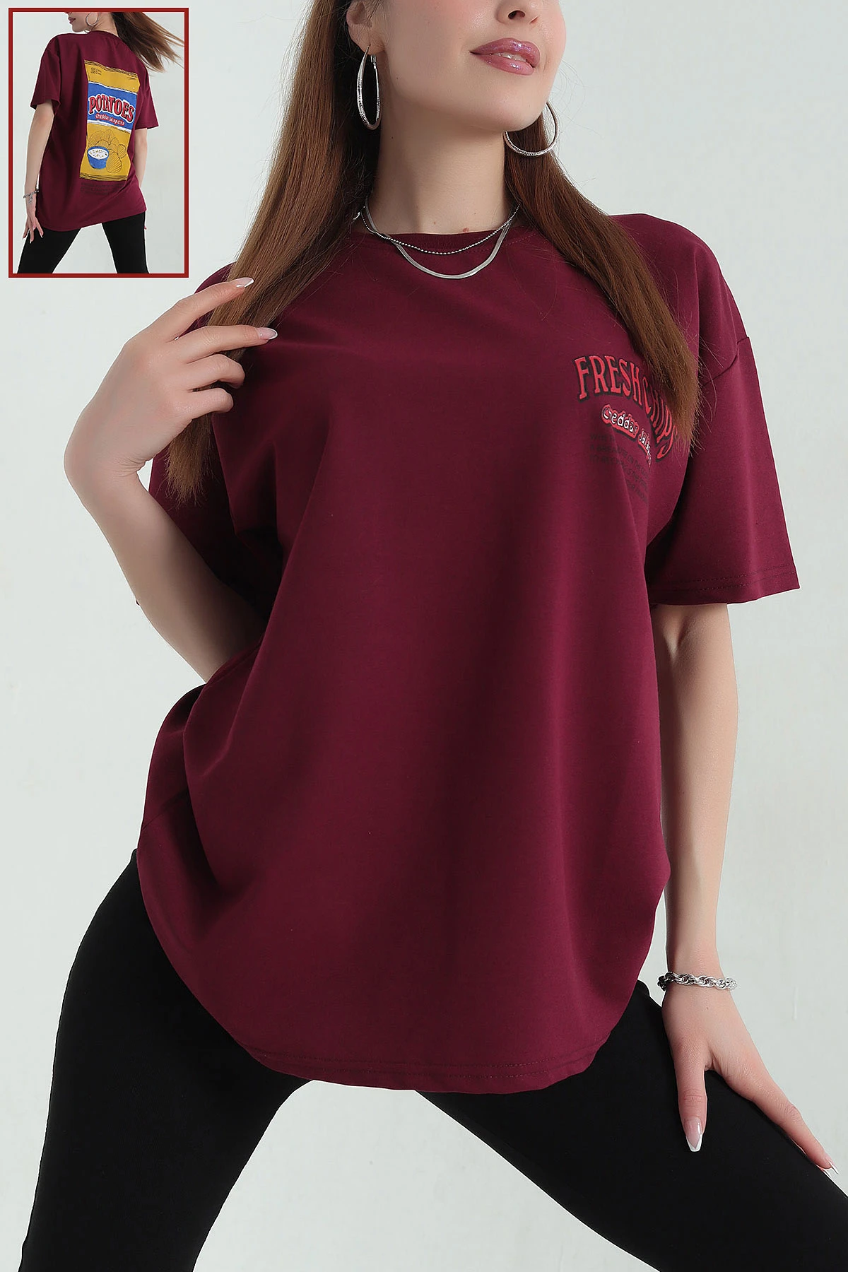 Bordo Ön ve Arka Baskılı İki İp Bisiklet Yaka Kadın Tişört 357334