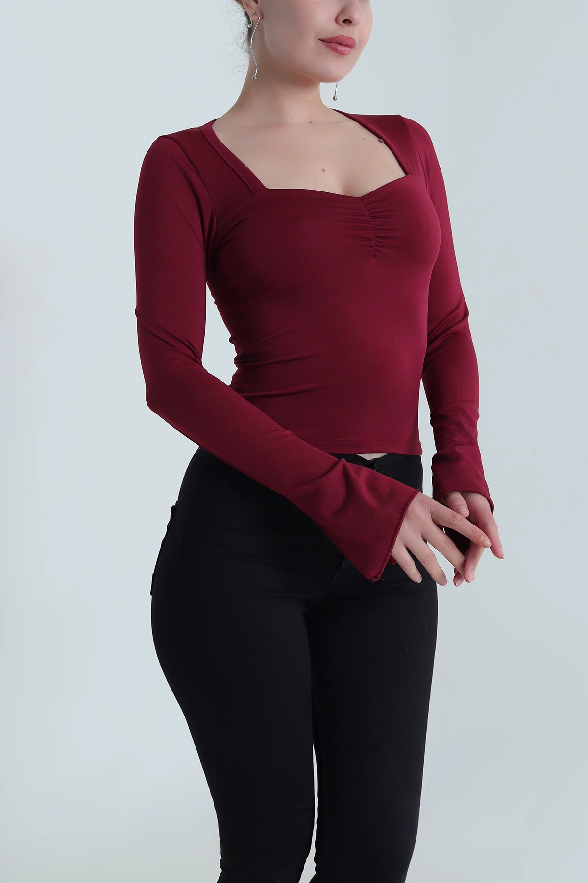 Bordo Önü Büzgülü Scuba Kadın Bluz 483691