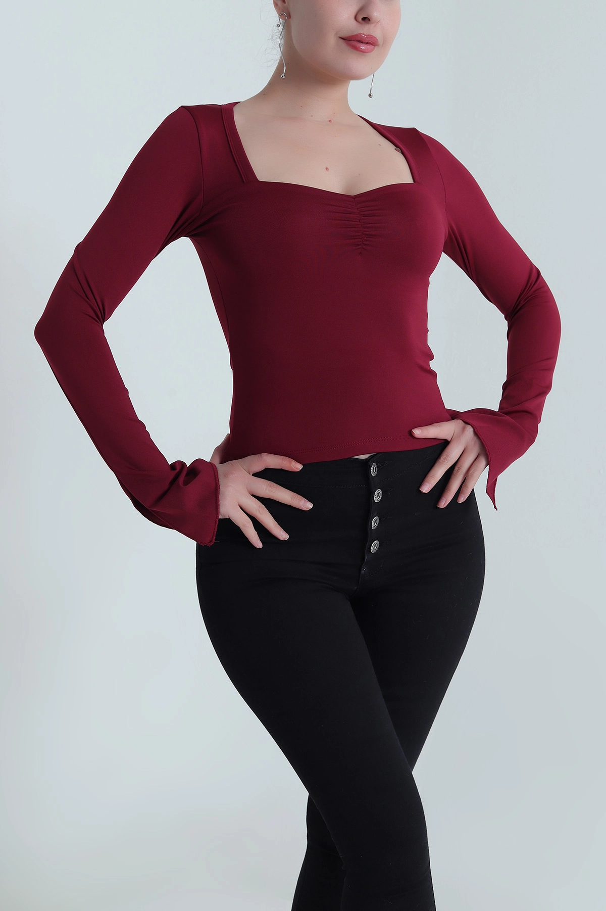 Bordo Önü Büzgülü Scuba Kadın Bluz 483691