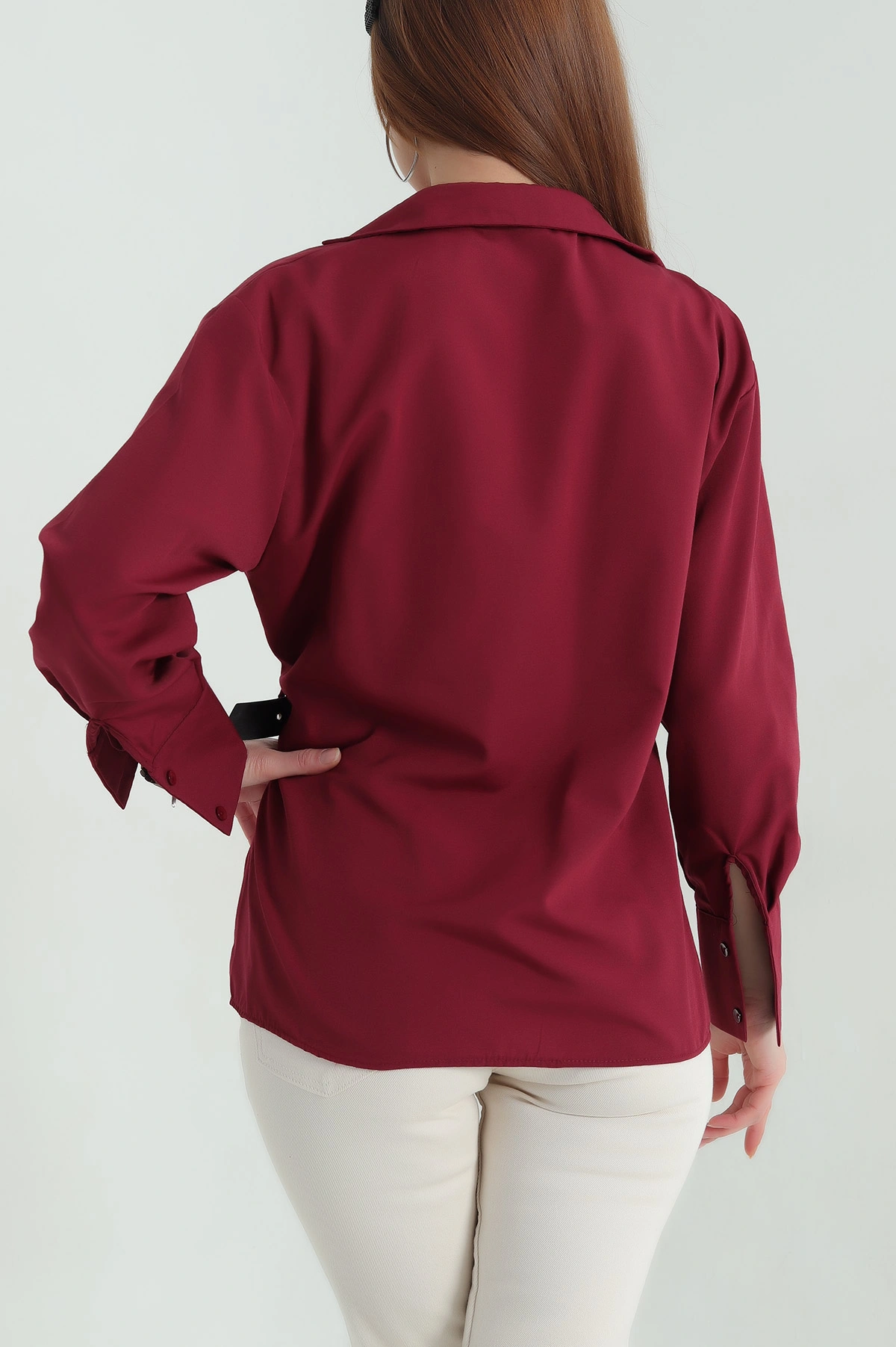 Bordo Önü Kemerli Poplin Kadın Gömlek Bluz 359958