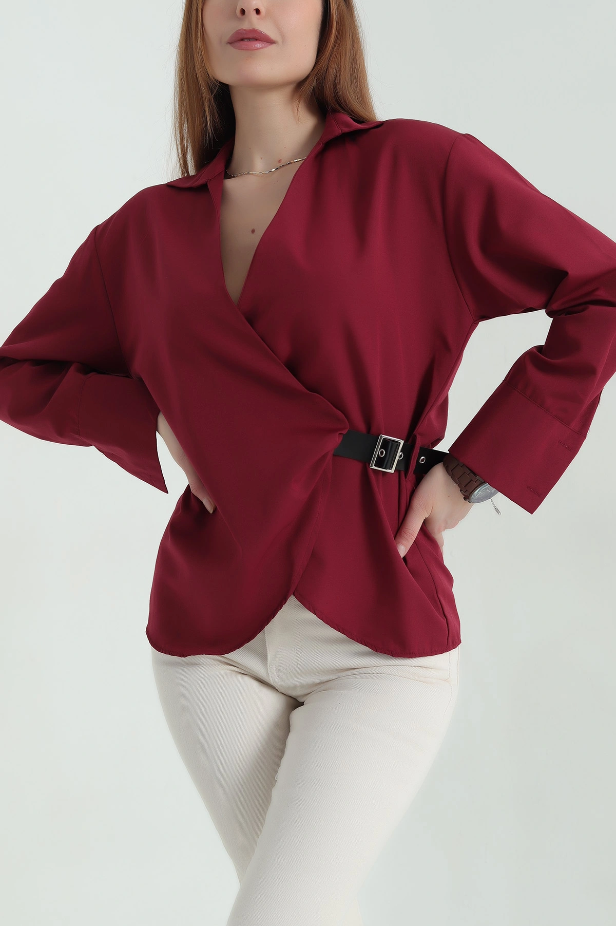 Bordo Önü Kemerli Poplin Kadın Gömlek Bluz 359958